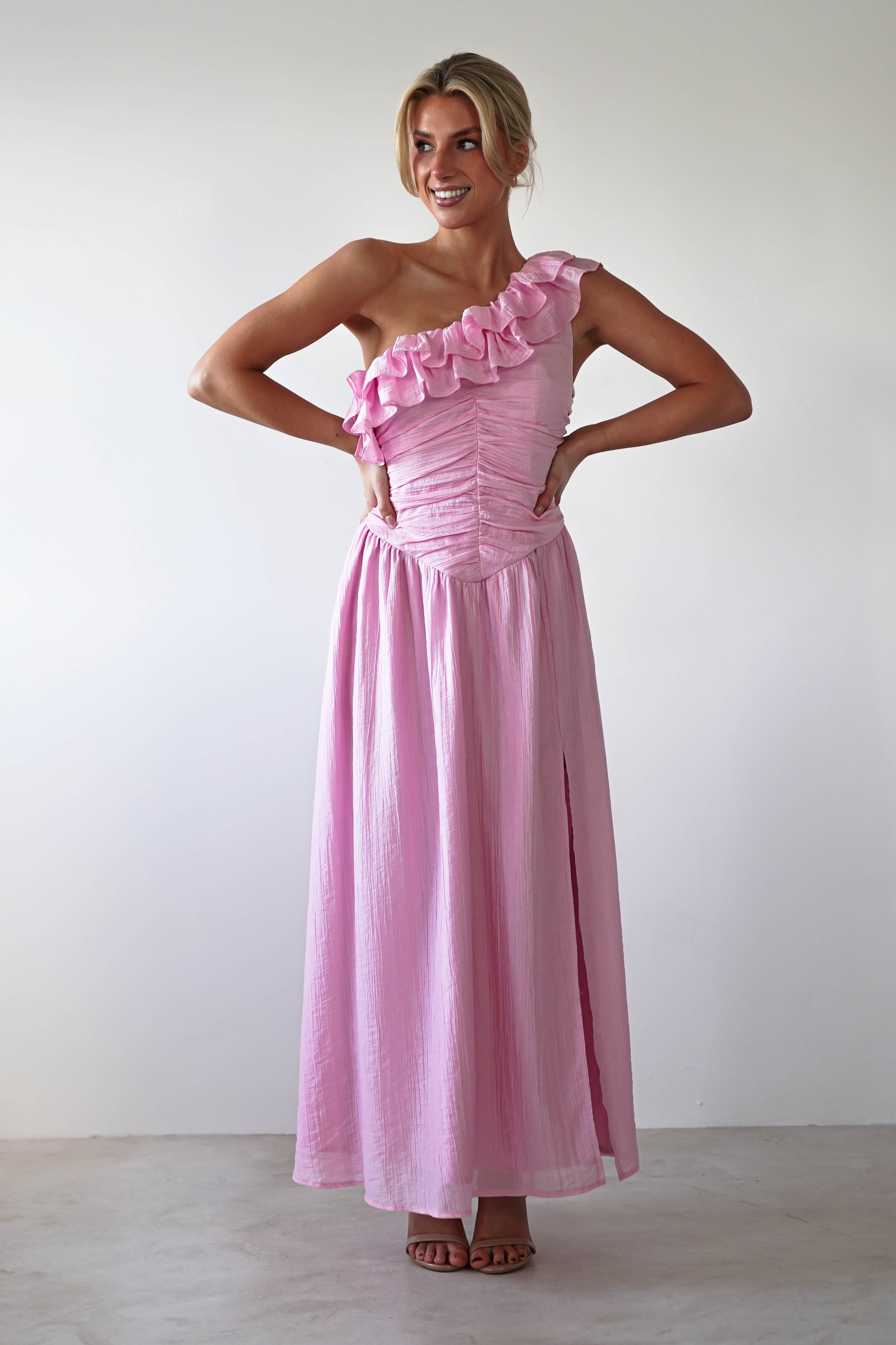 Jamie Ruffle One Shoulder Midaxi | Pink - Oh Hello Clothing