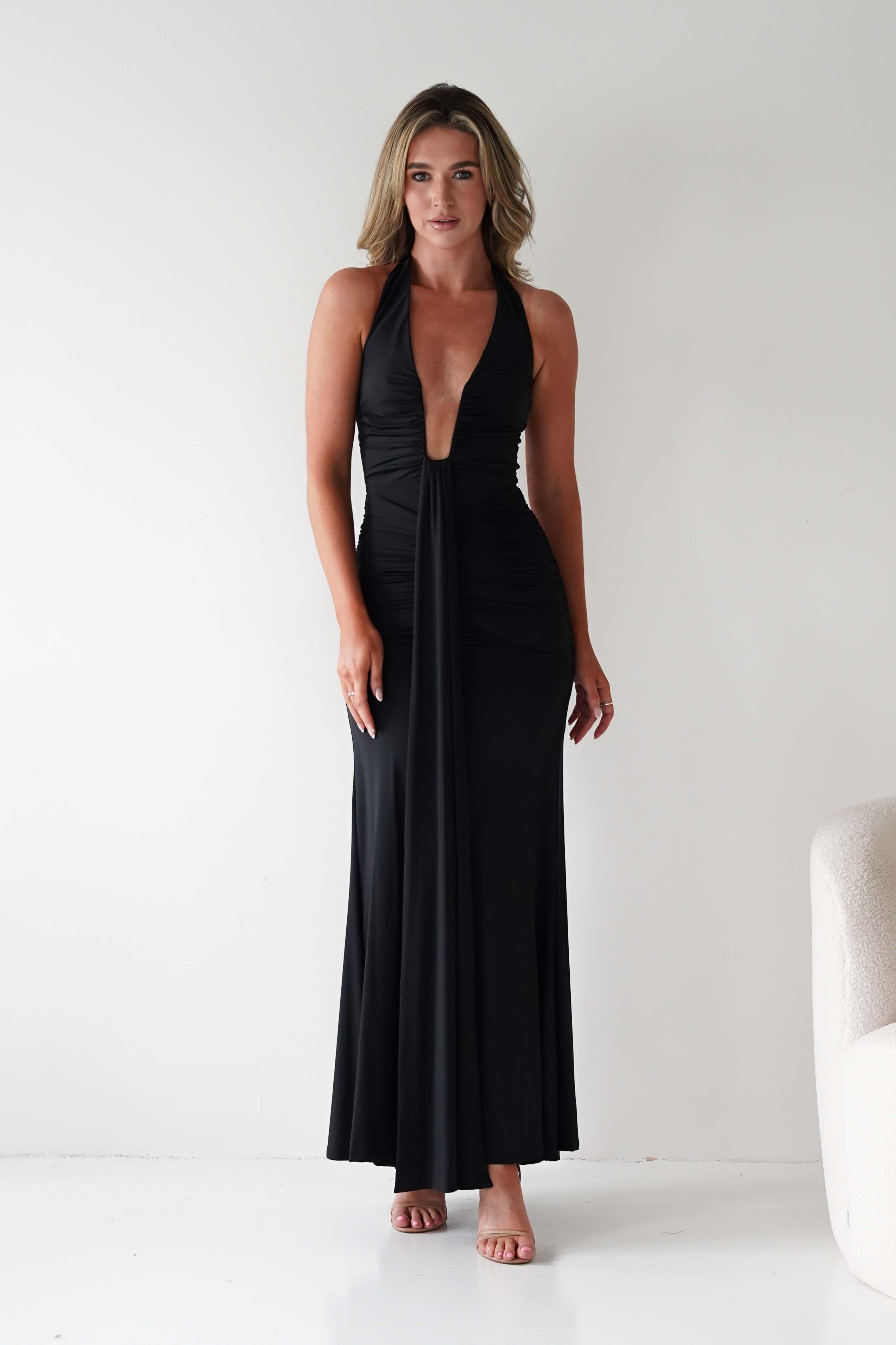 LUXXEL Dresses 1*DONE -LUXXELL-LD12070 BLACK HALTER NECK DRESS