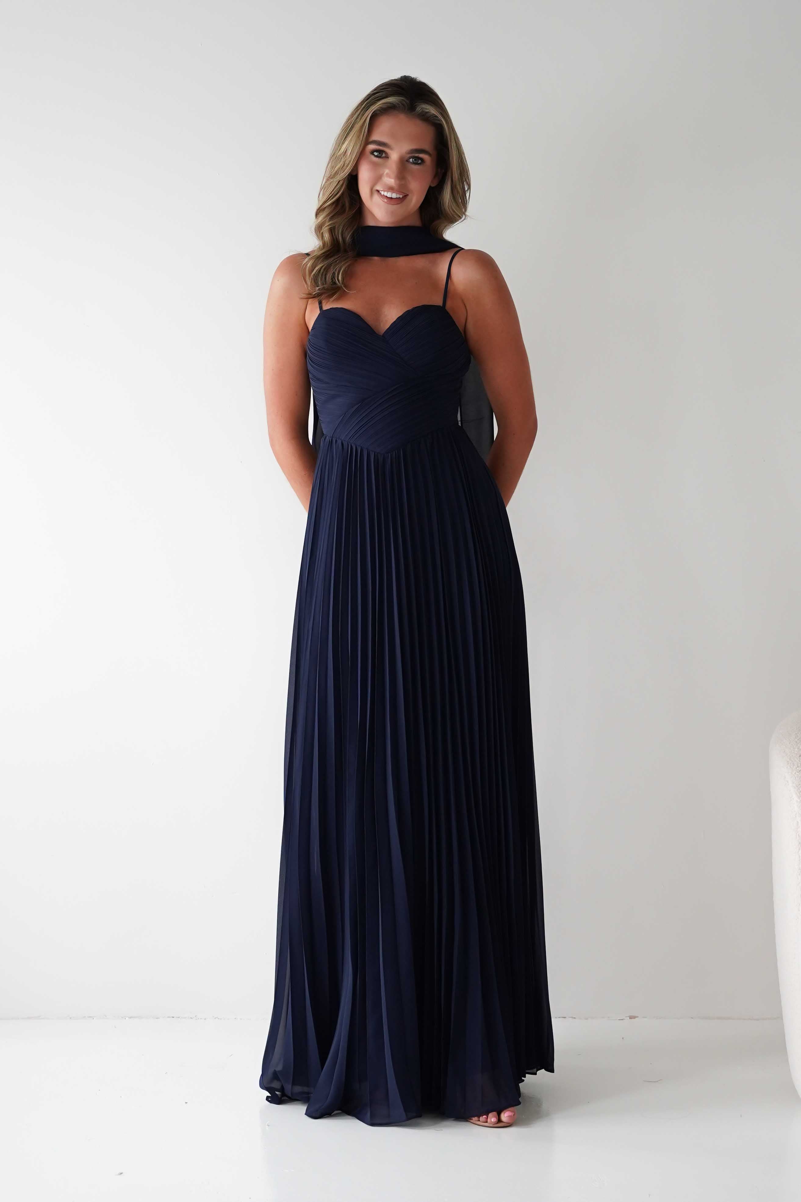 MANIJU Dresses 1*DONE - MANIJU- MF25100-NAVY PLEATED GOWN