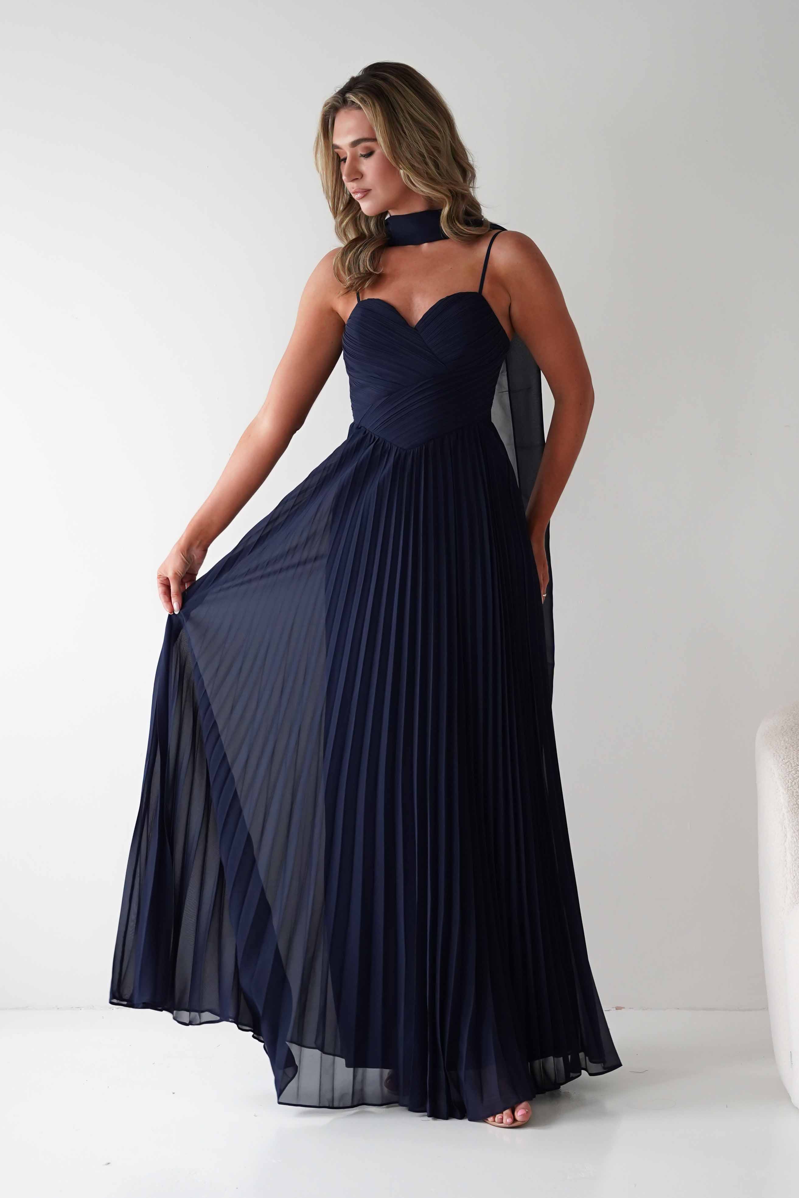 MANIJU Dresses 1*DONE - MANIJU- MF25100-NAVY PLEATED GOWN