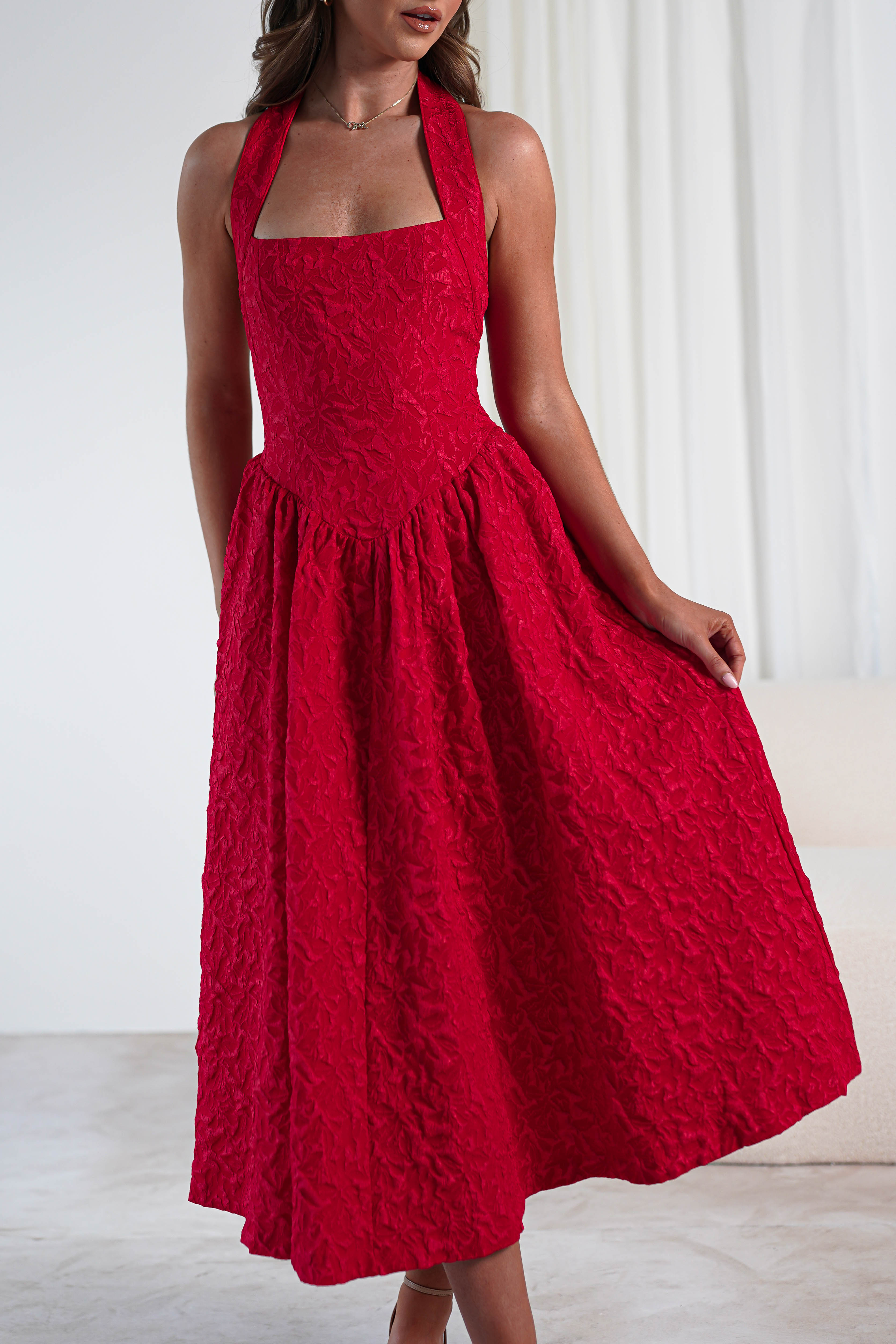 Margot Textured Midaxi Dress | Red | Oh Hello Clothing | S (8)