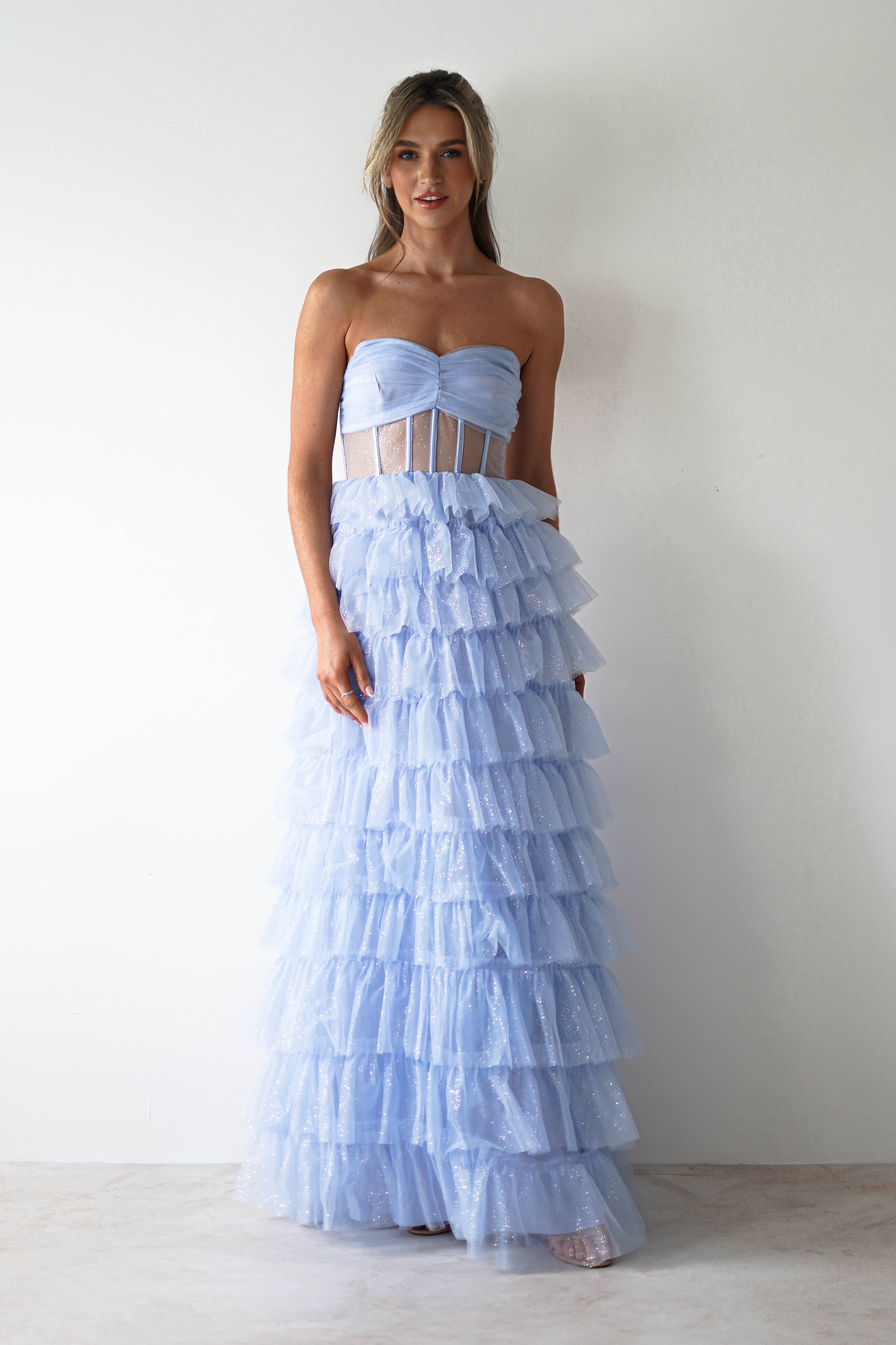 Claudette Ruffle Glitter Maxi Dress | Blue - Oh Hello Clothing
