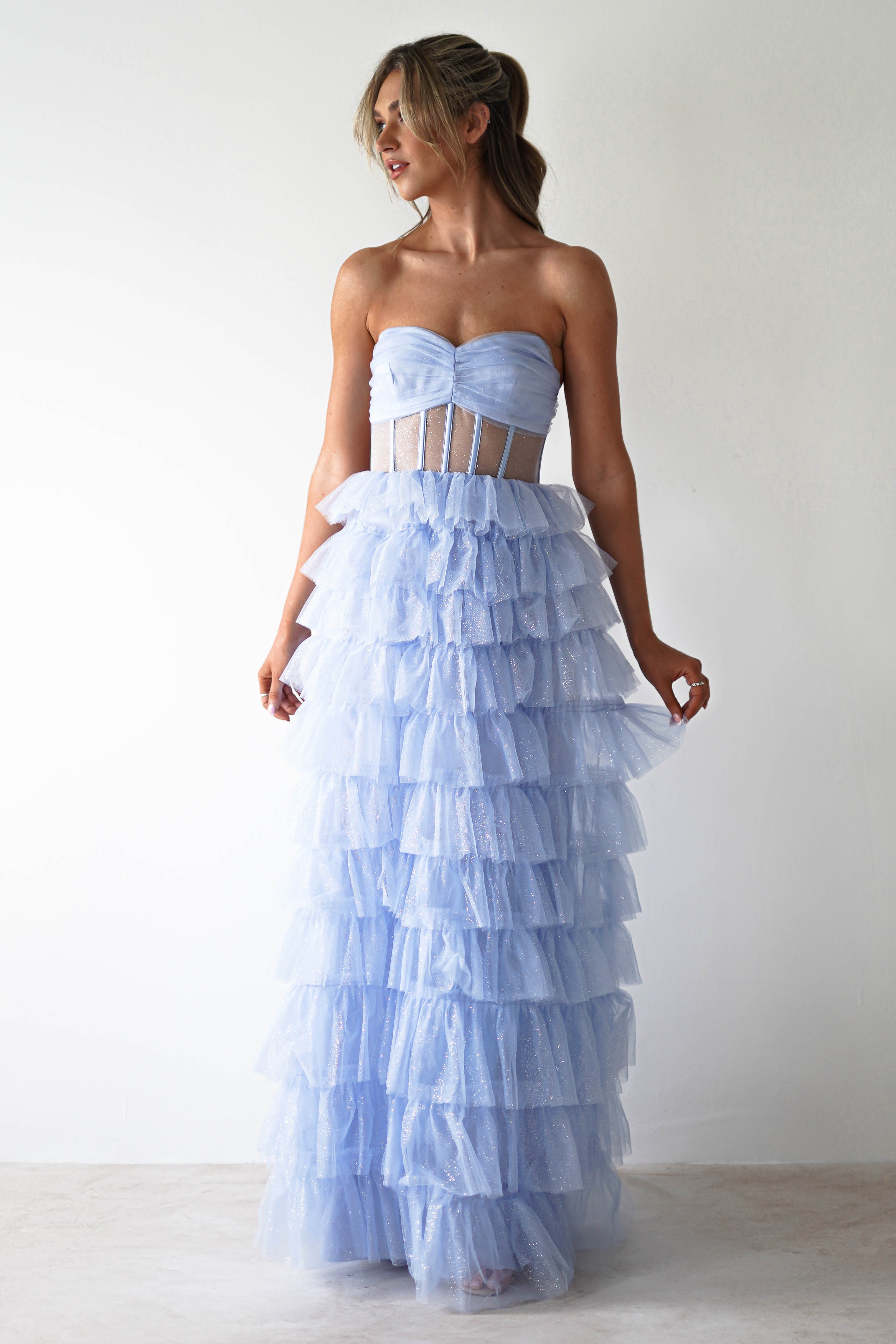 Claudette Ruffle Glitter Maxi Dress | Blue - Oh Hello Clothing