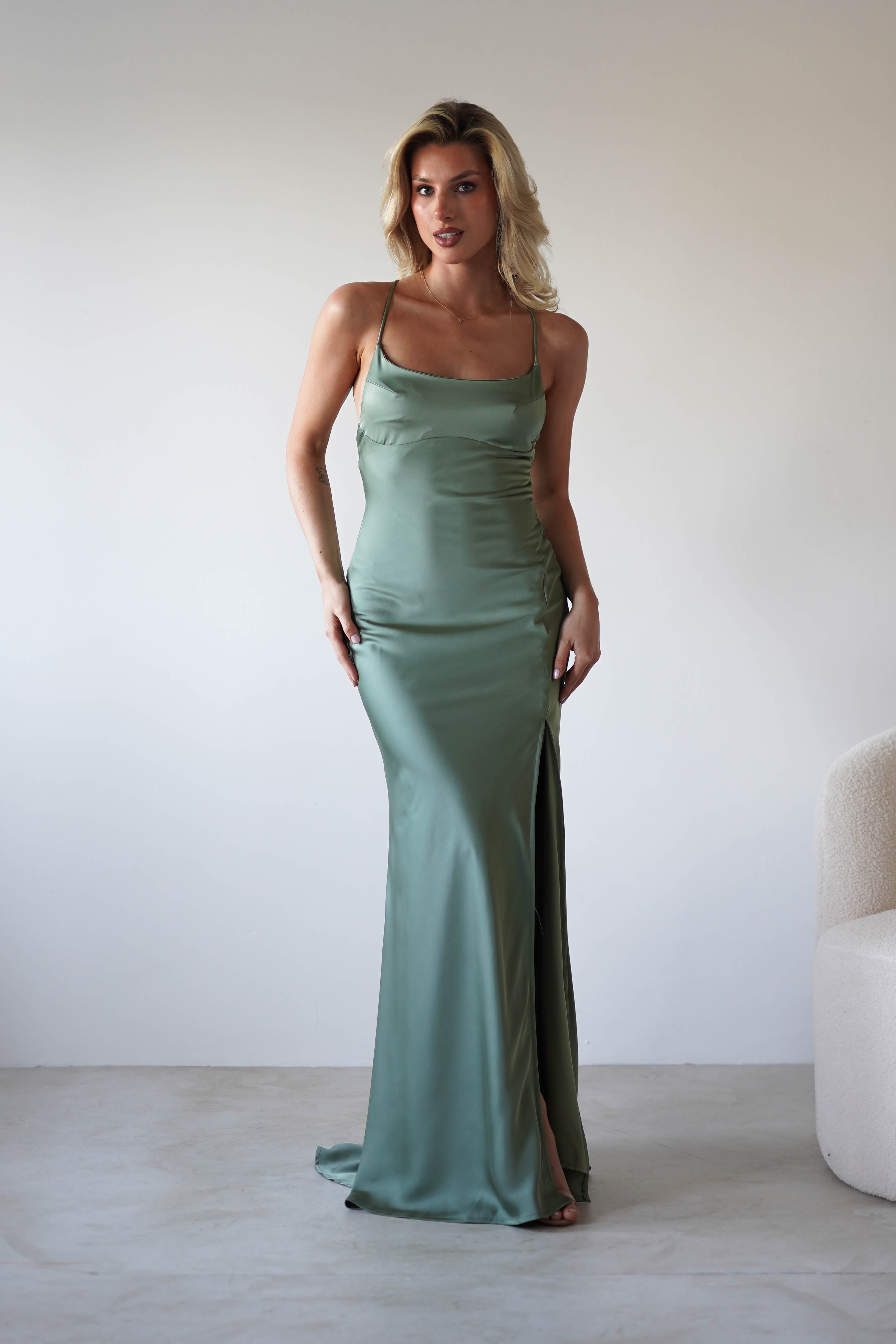 Elsa Matte Satin Maxi Gown | Olive | Oh Hello Clothing | XS (6)