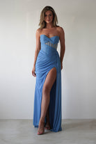 Robyn Draped Fitted Stapless Gown | Blue | Oh Hello Clothing | XS (6)