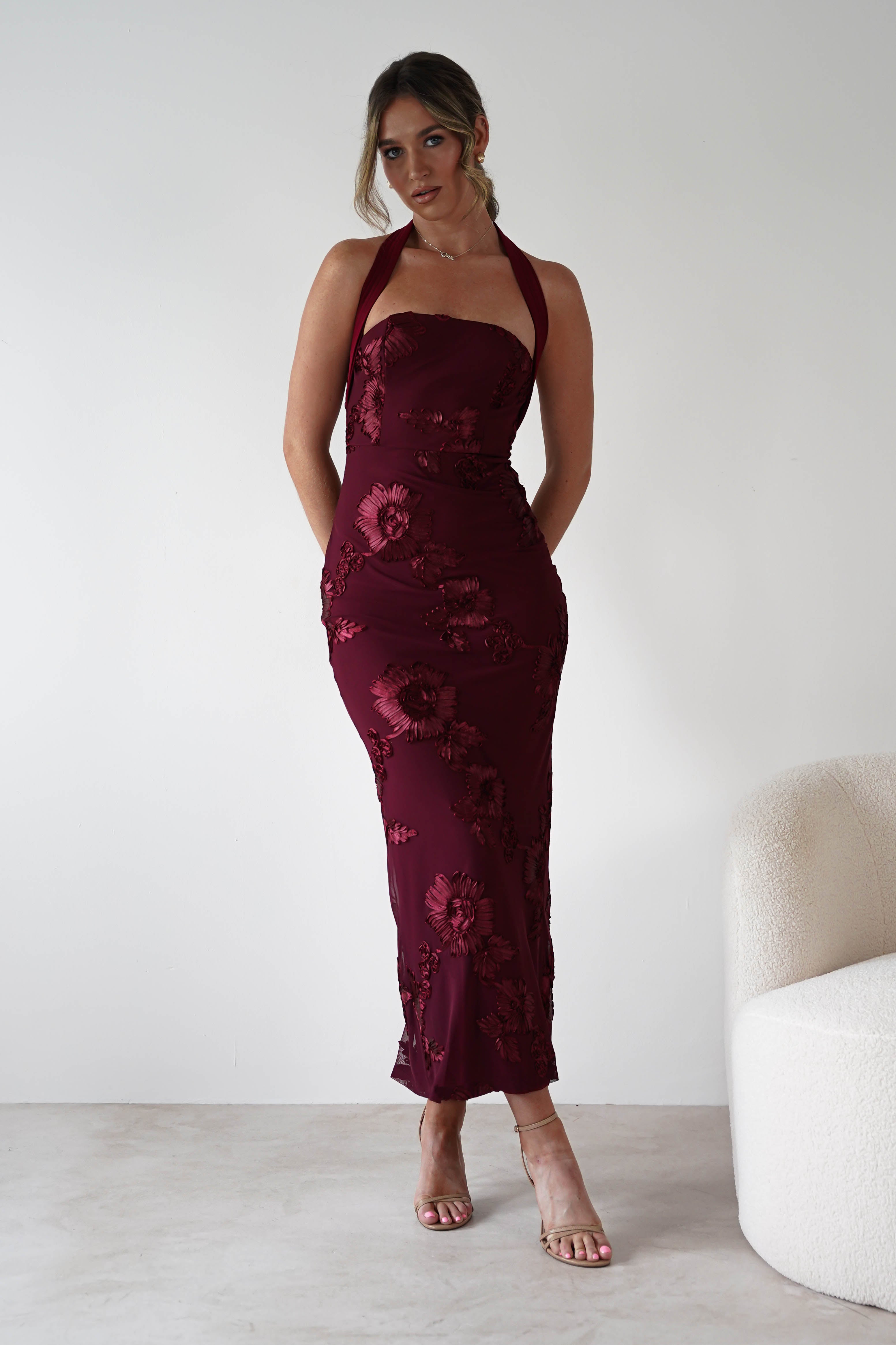 sasha Dresses 1*DONE-SASHA-6149D-WINE FLORAL EMBROIDERY DRESS
