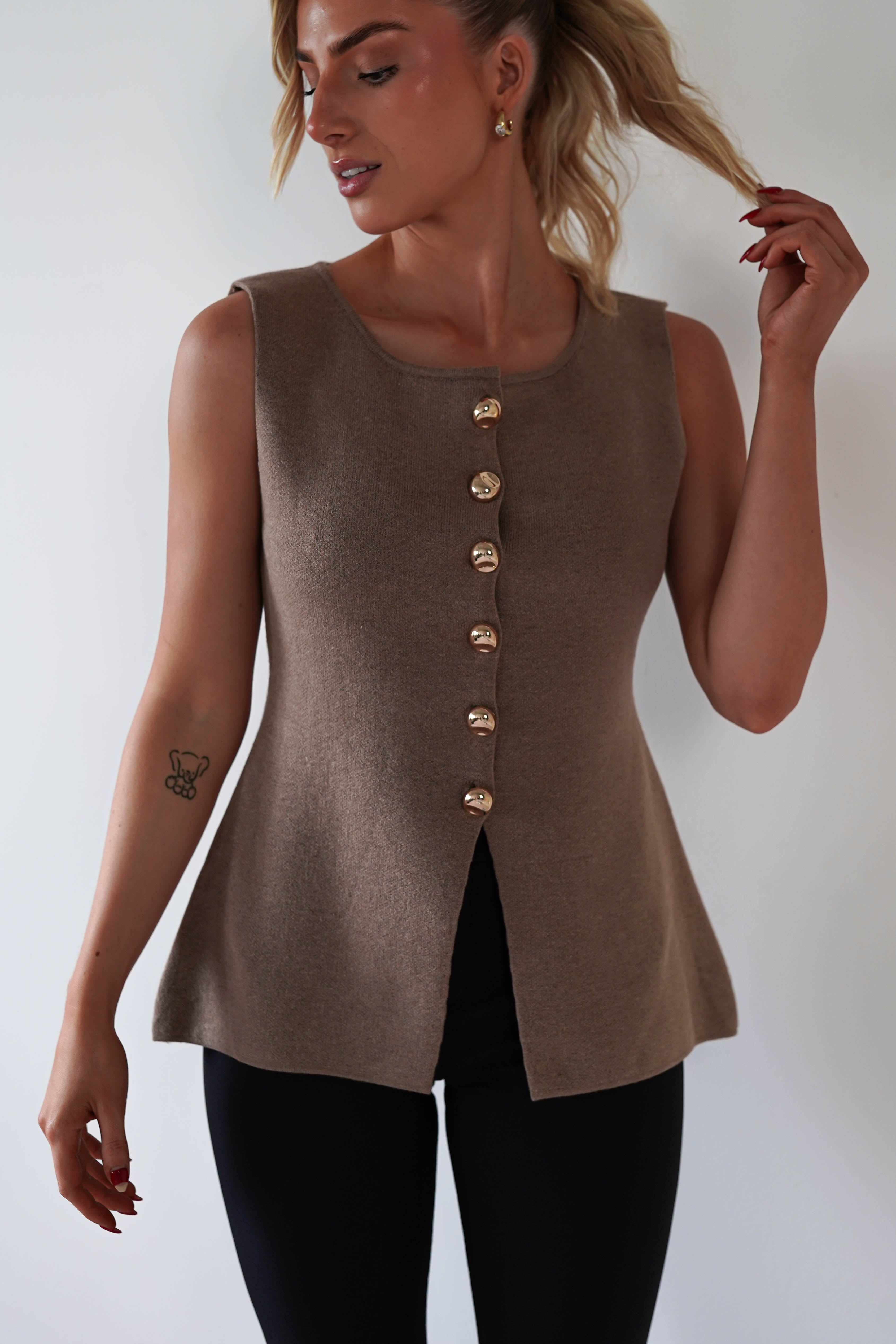 Louella Gold Button Waistcoat Top | Brown | Oh Hello Clothing | S/M (6 - 10)