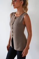 Louella Gold Button Waistcoat Top | Brown | Oh Hello Clothing | S/M (6 - 10)
