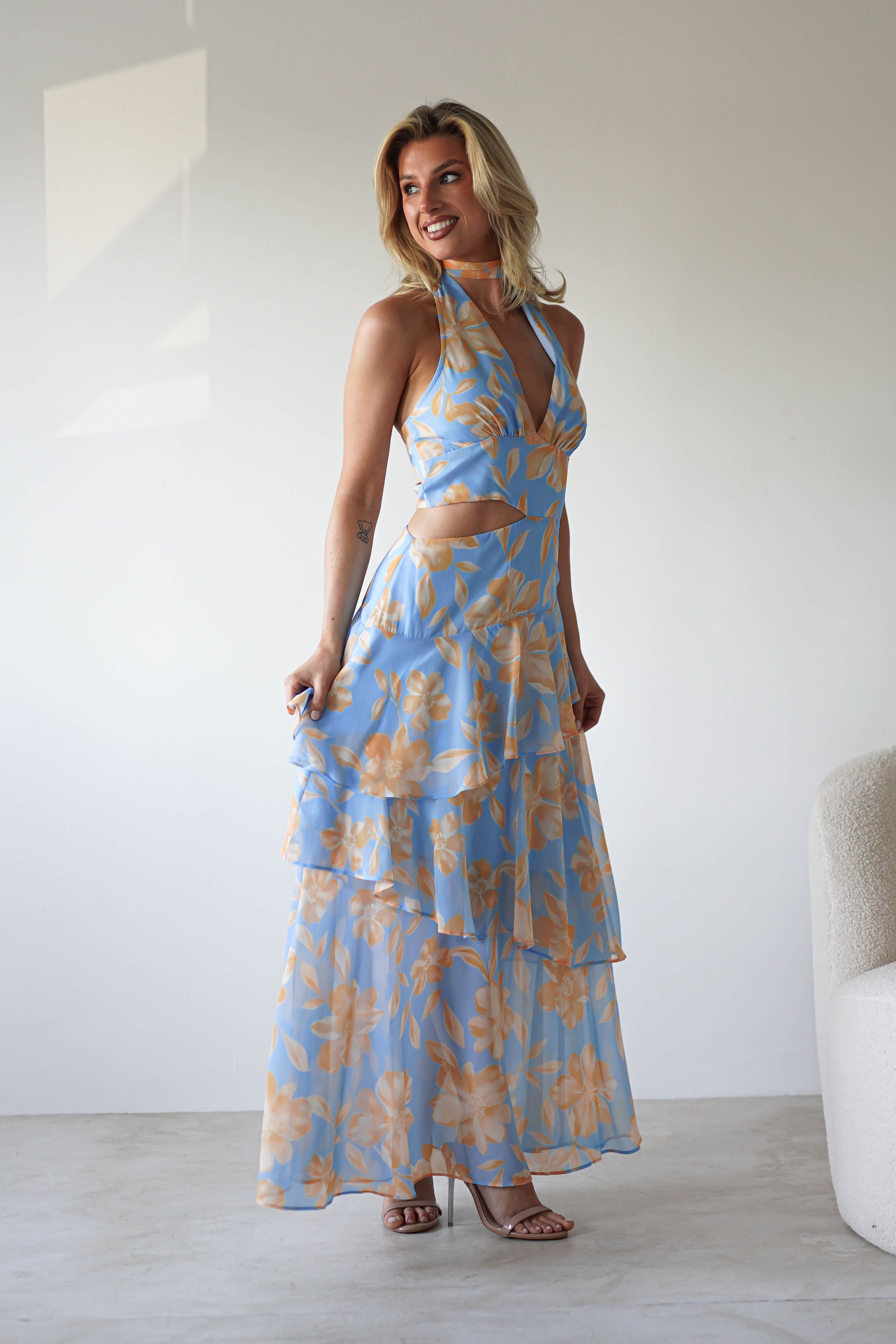 Lohan Ruffle Floral Maxi Print Dress | Blue | Oh Hello Clothing | XS (6)