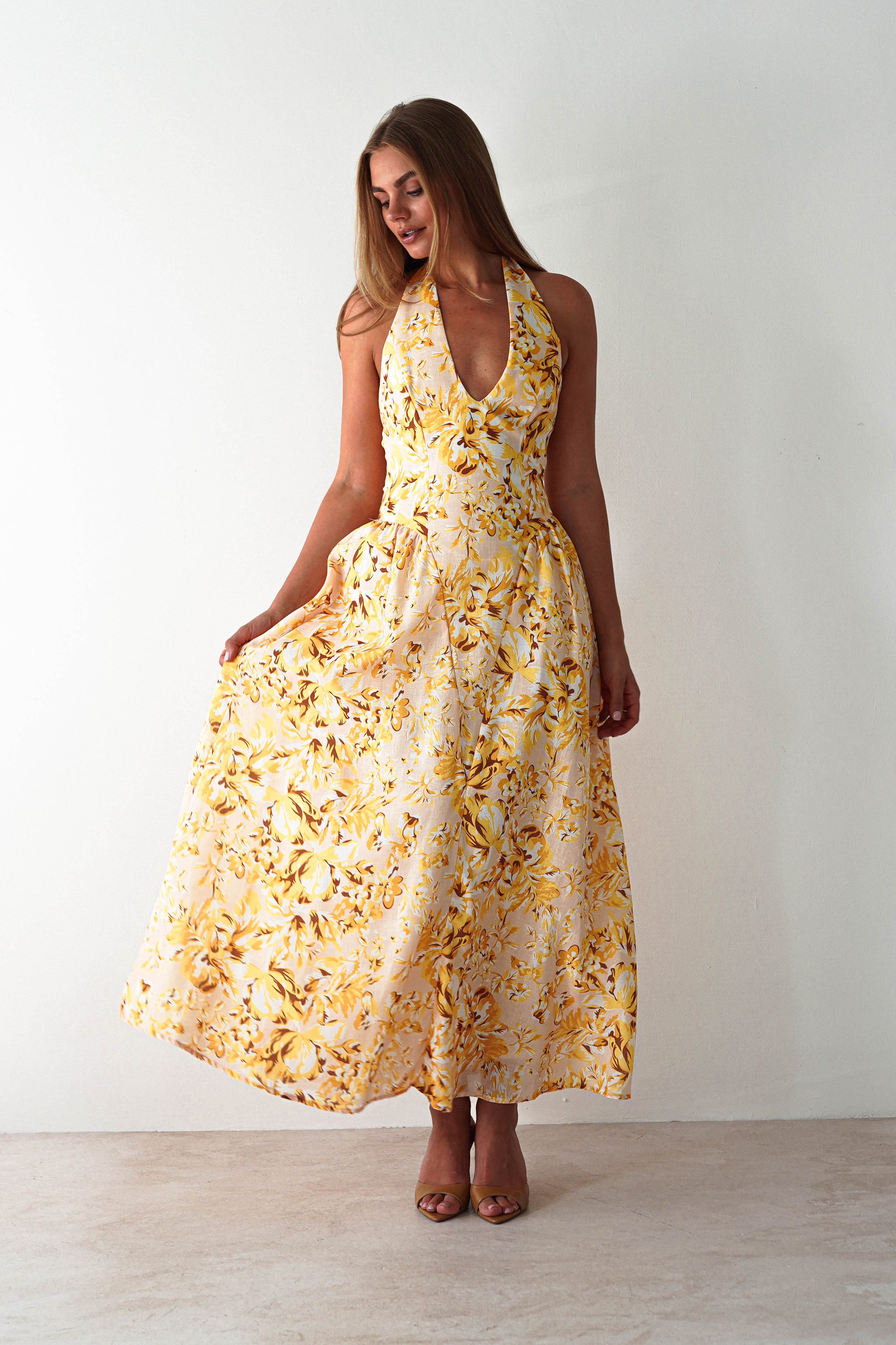 Mina Halterneck Floral Skater Maxi Dress | Yellow | Oh Hello Clothing | XS (6)