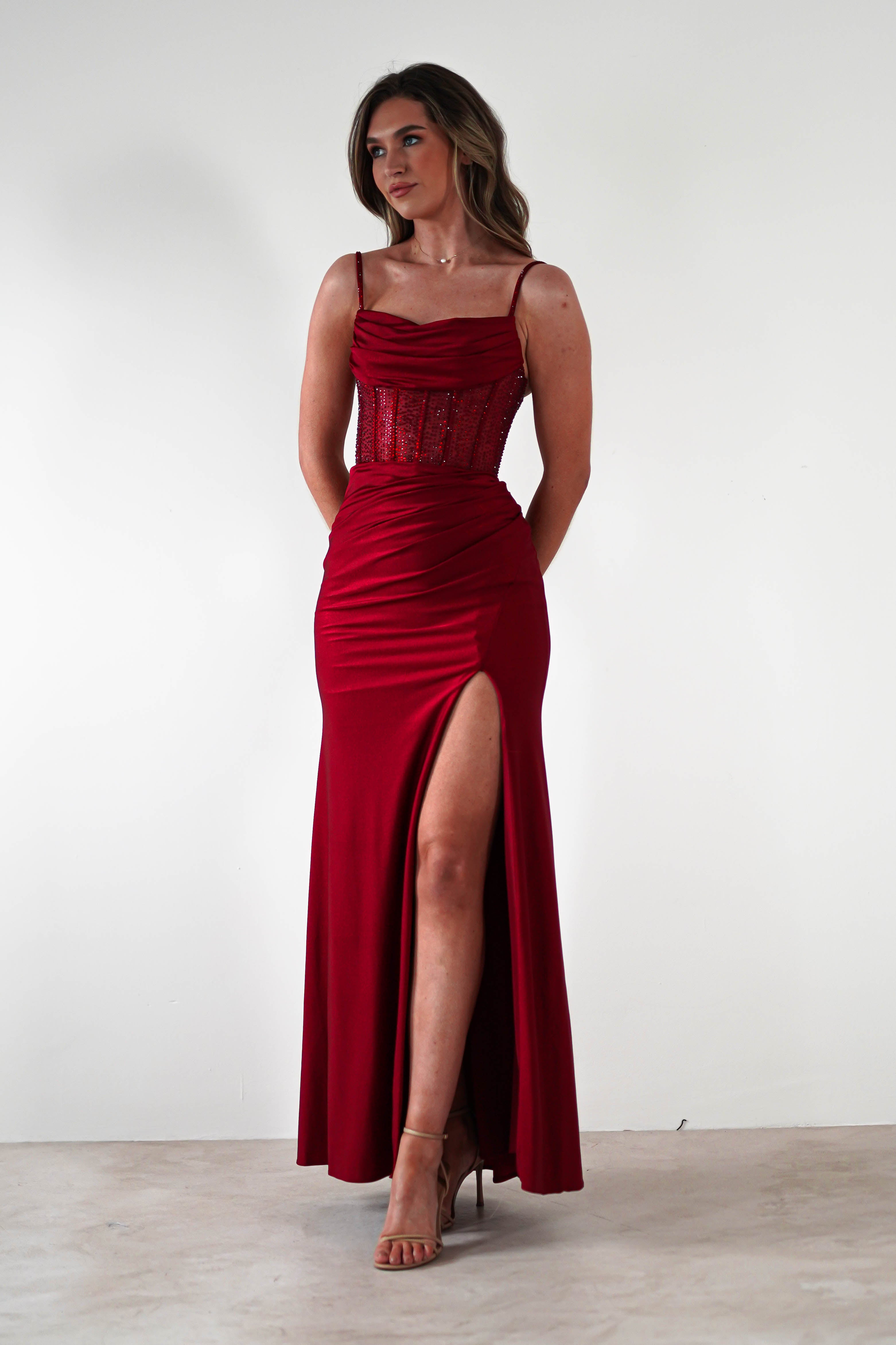 Stefani Rhinestone Bodice Gown | Burgundy - Oh Hello Clothing