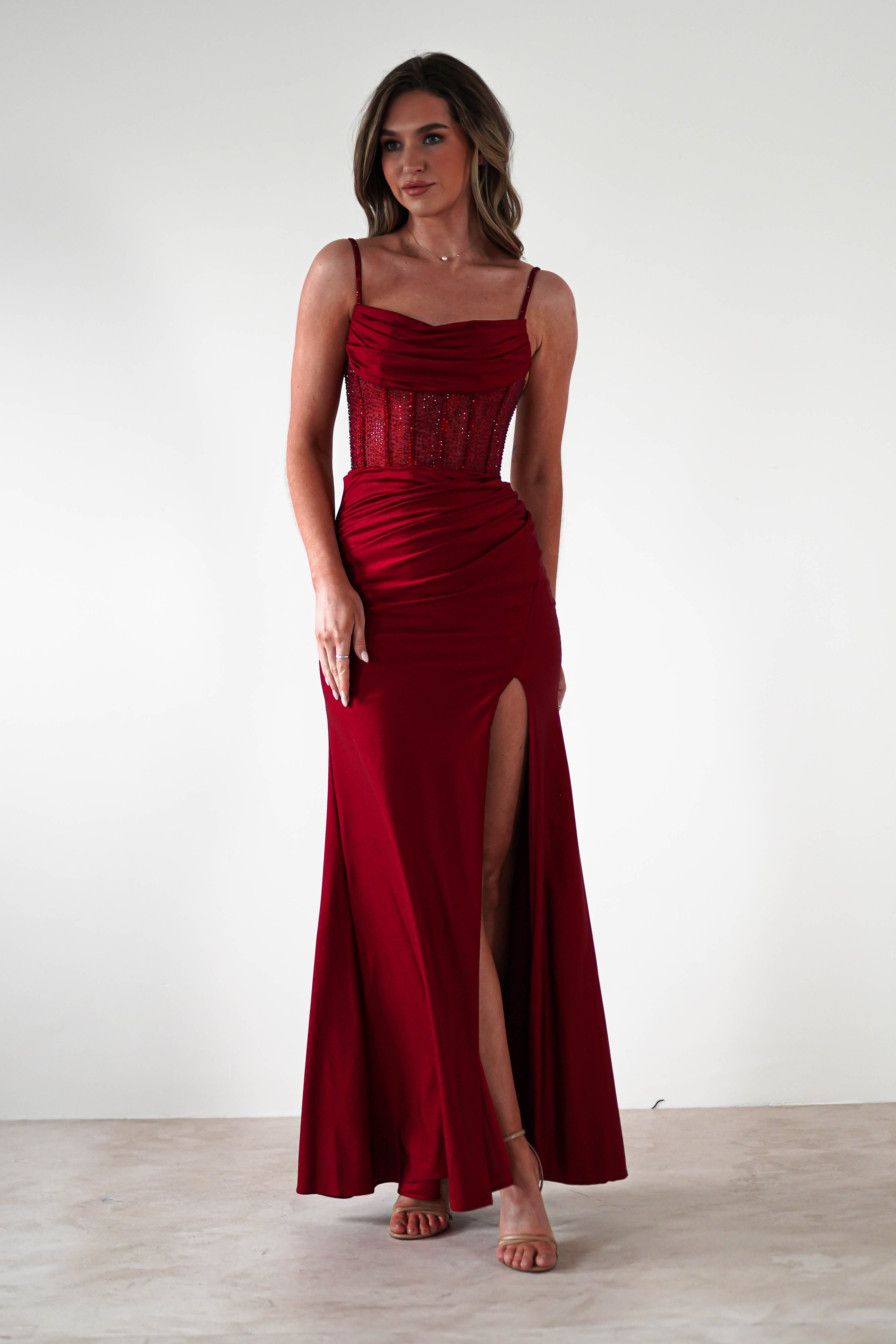 Stefani Rhinestone Bodice Gown | Burgundy - Oh Hello Clothing