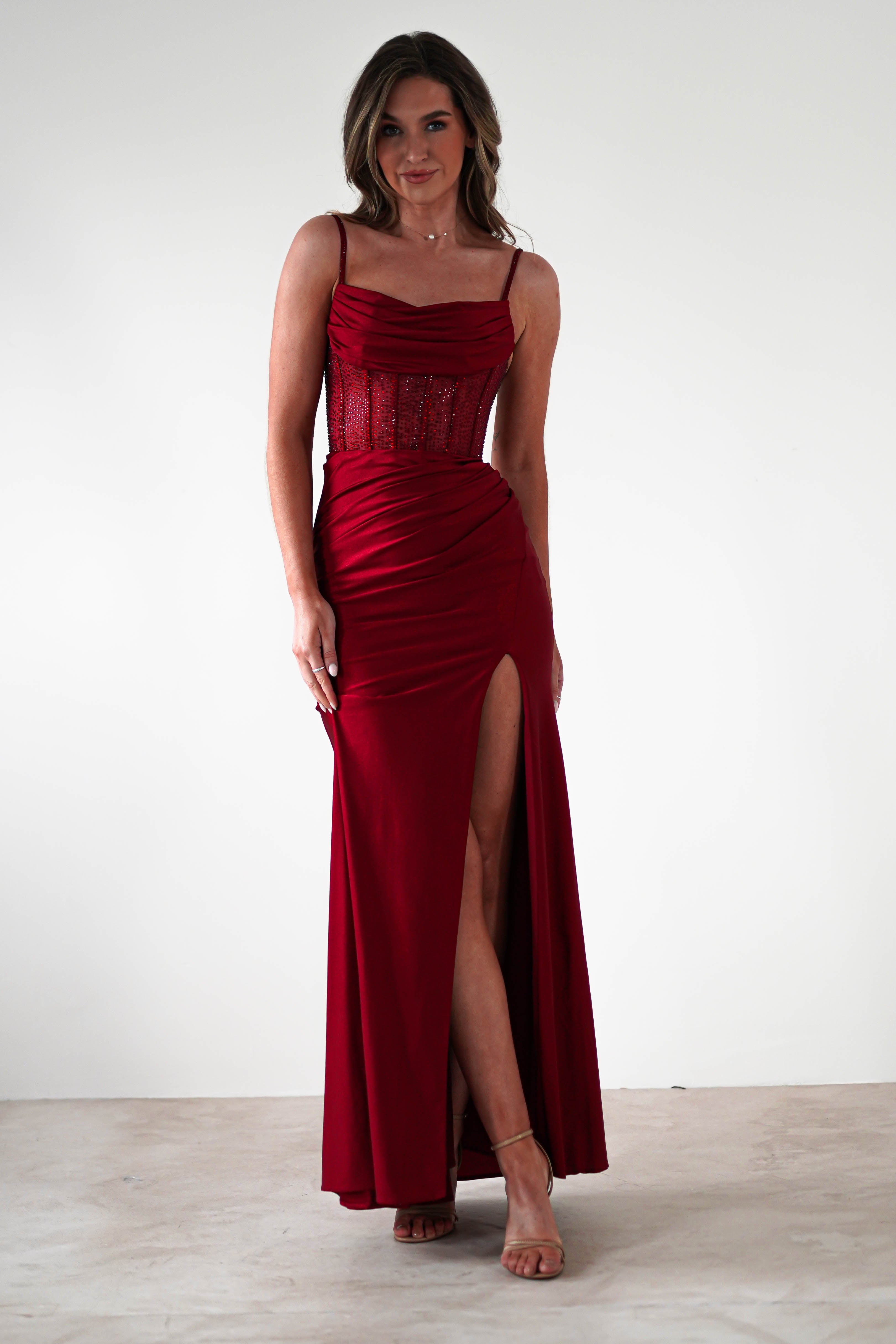 Stefani Rhinestone Bodice Gown | Burgundy - Oh Hello Clothing