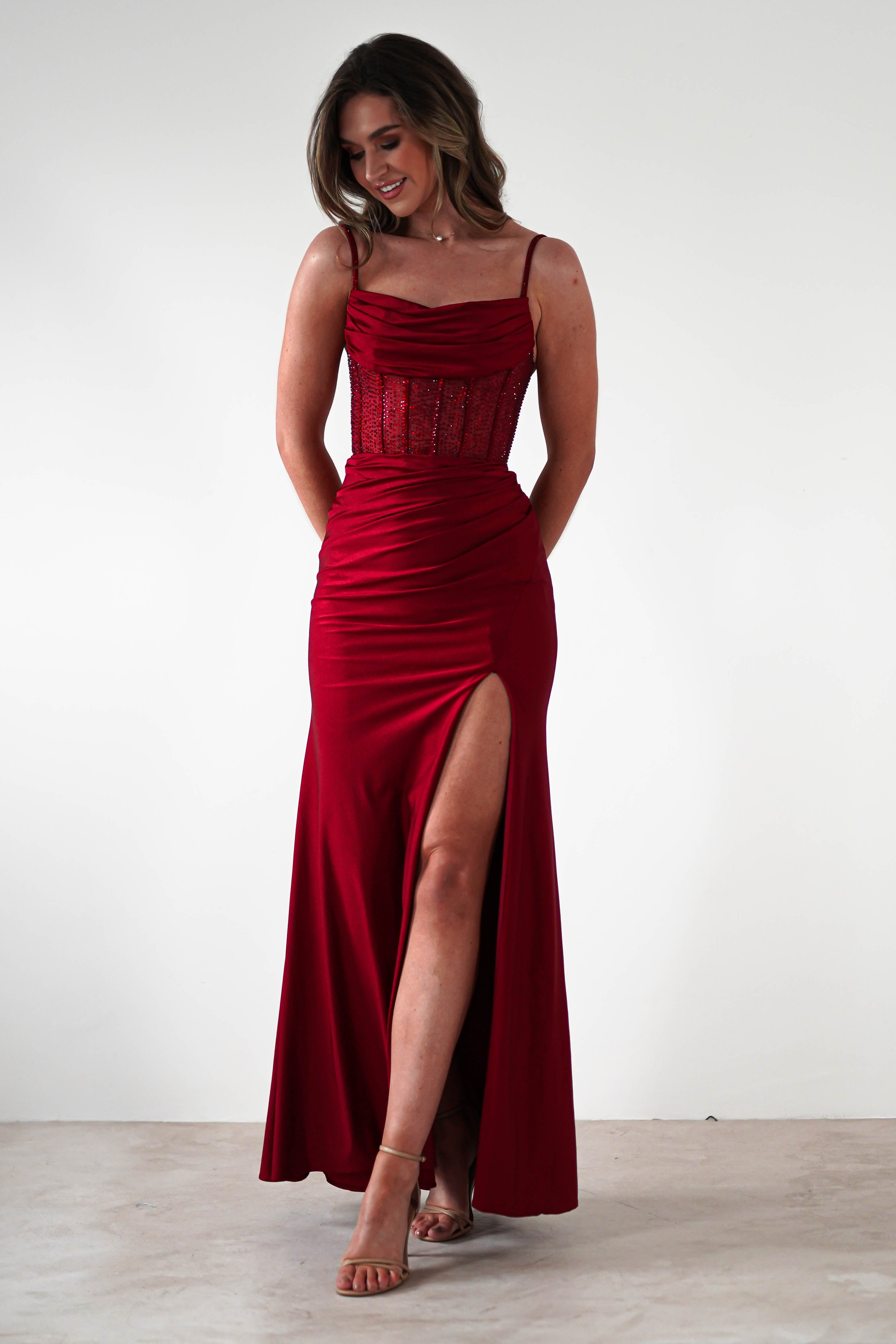 Stefani Rhinestone Bodice Gown | Burgundy - Oh Hello Clothing