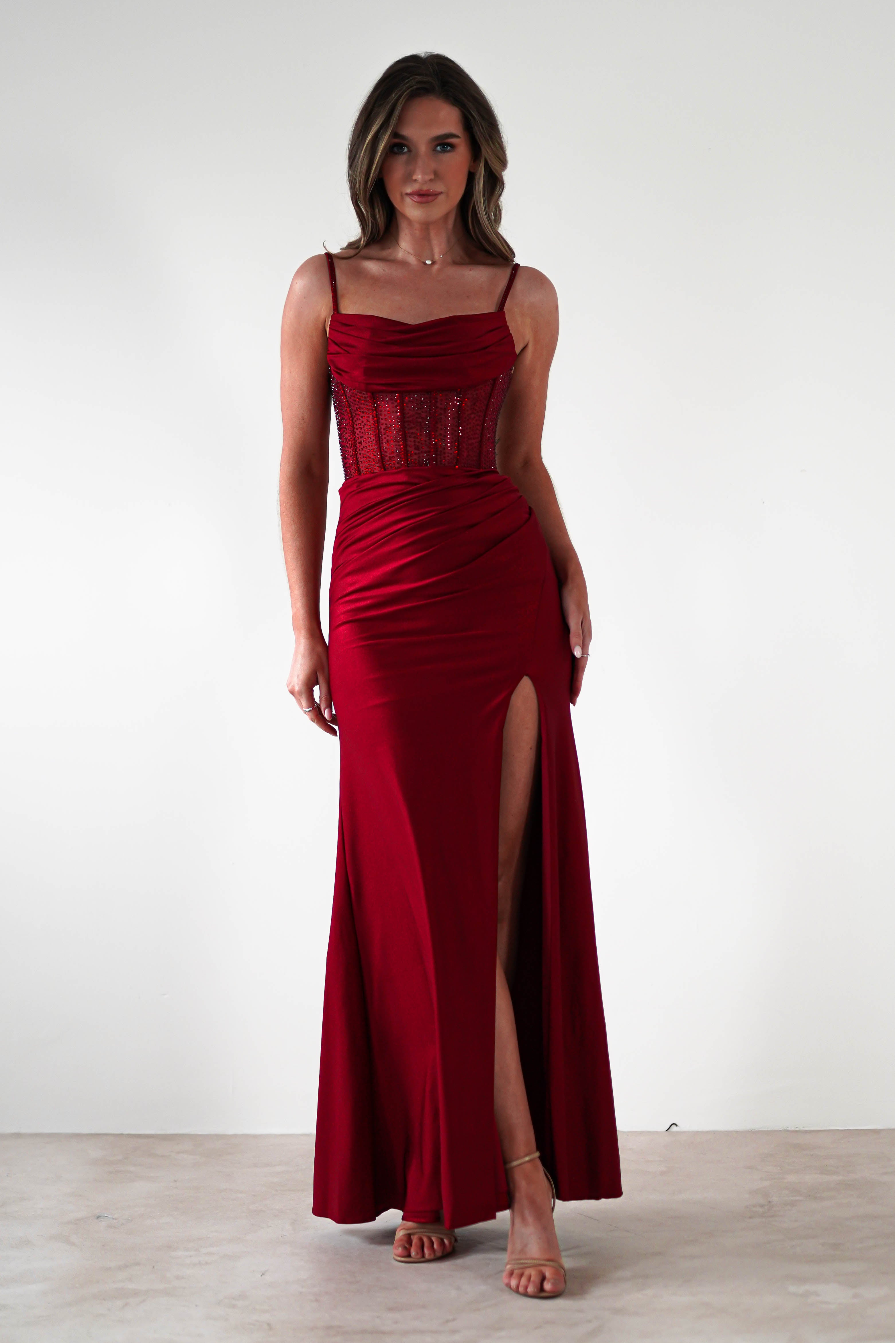 Stefani Rhinestone Bodice Gown | Burgundy - Oh Hello Clothing