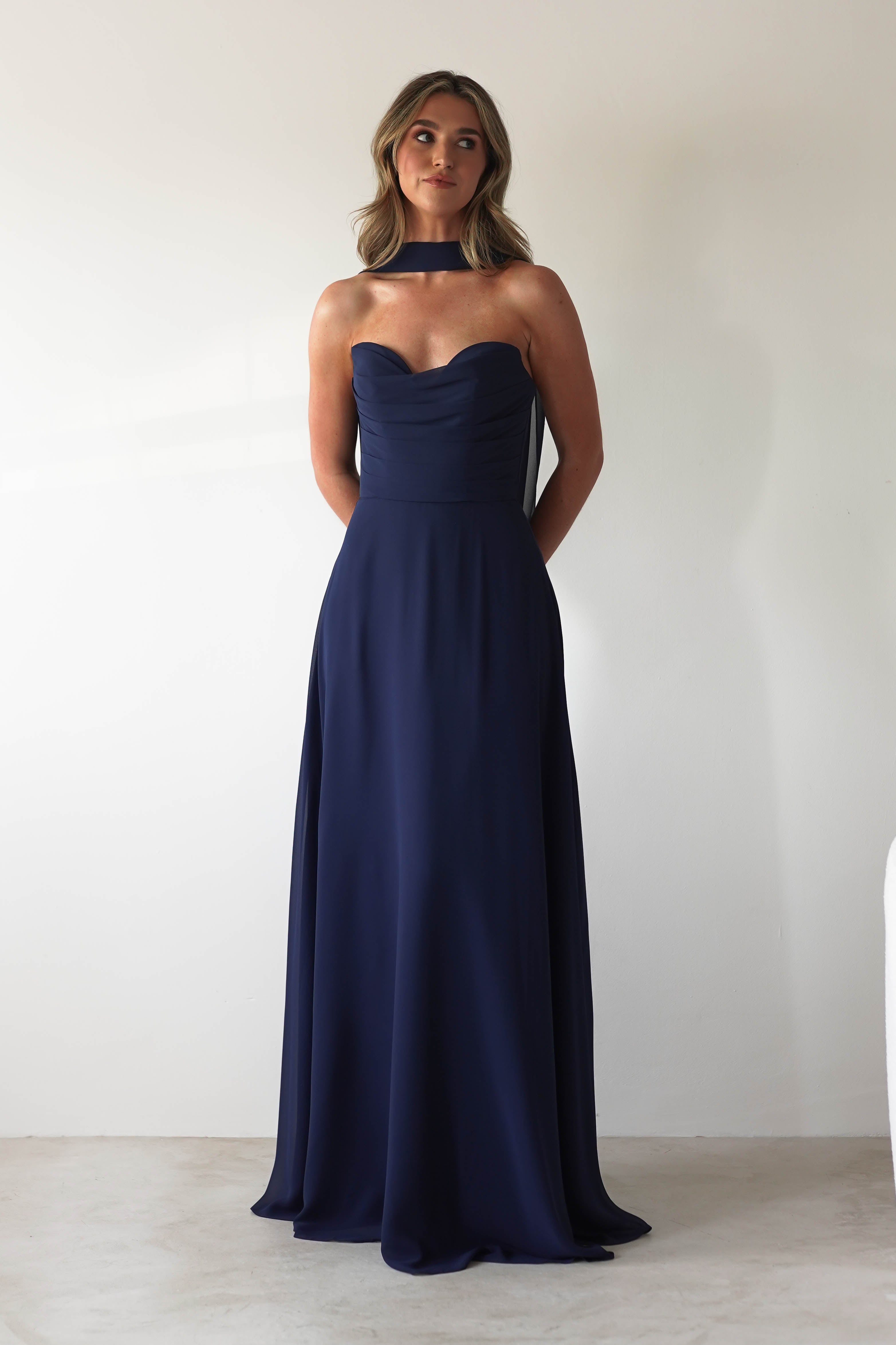Delphine Chiffon Strapless Maxi Dress | Navy | Oh Hello Clothing | XS (6)