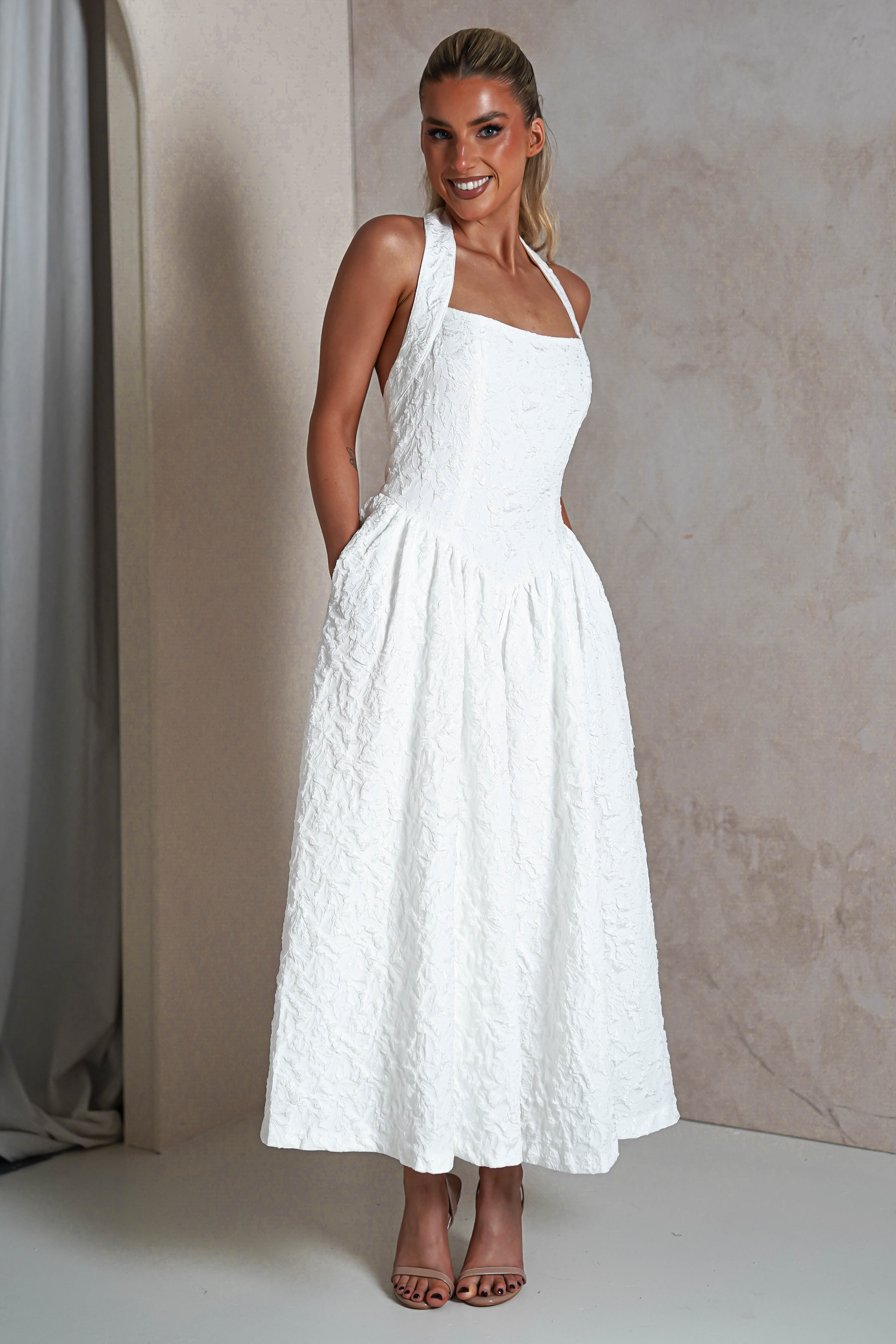 Margot Textured Midaxi Dress | White | Oh Hello Clothing | S (8)