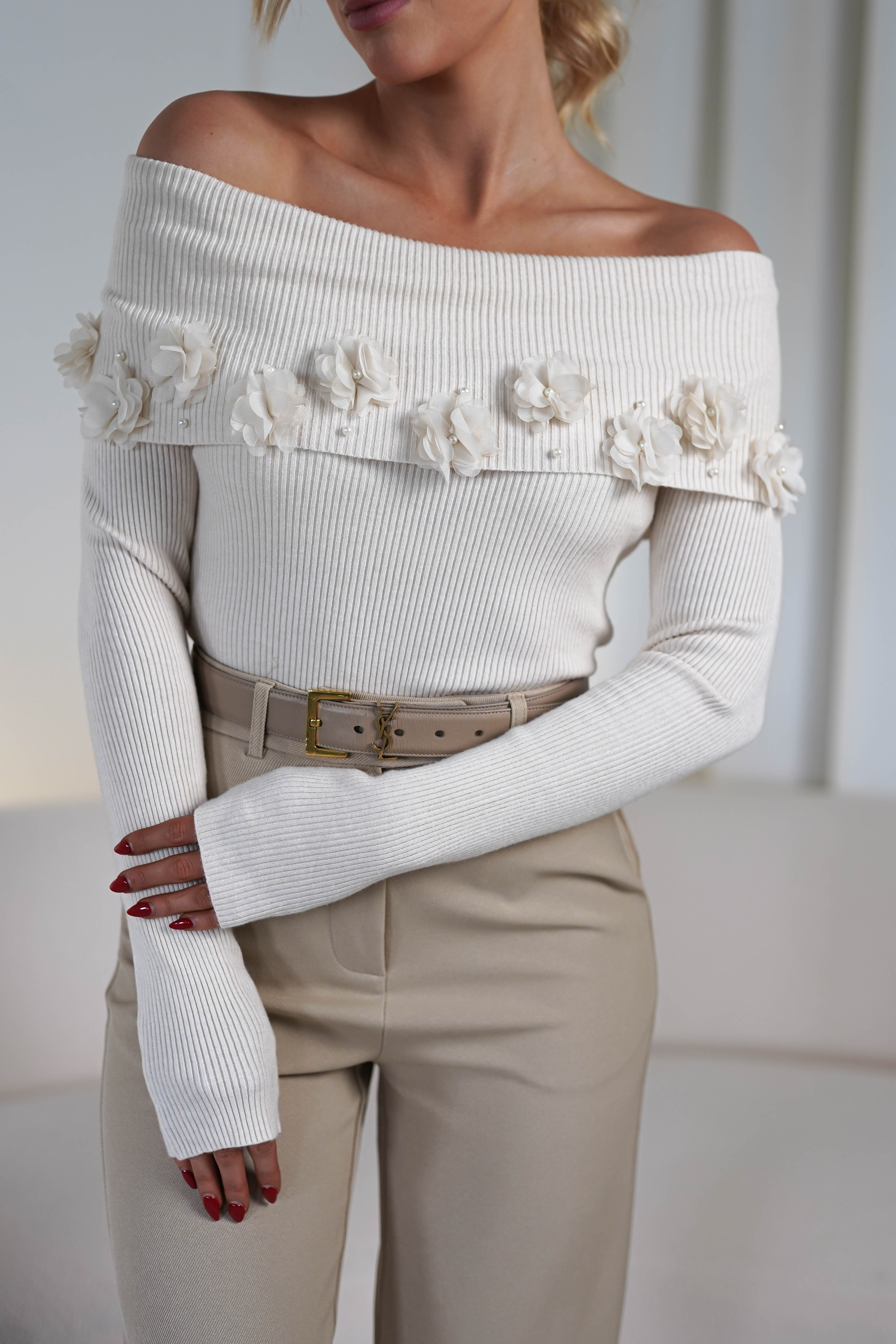 Amiri Off The Shoulder Ribbed Top | Cream | Oh Hello Clothing | ONE SIZE (6 - 12)