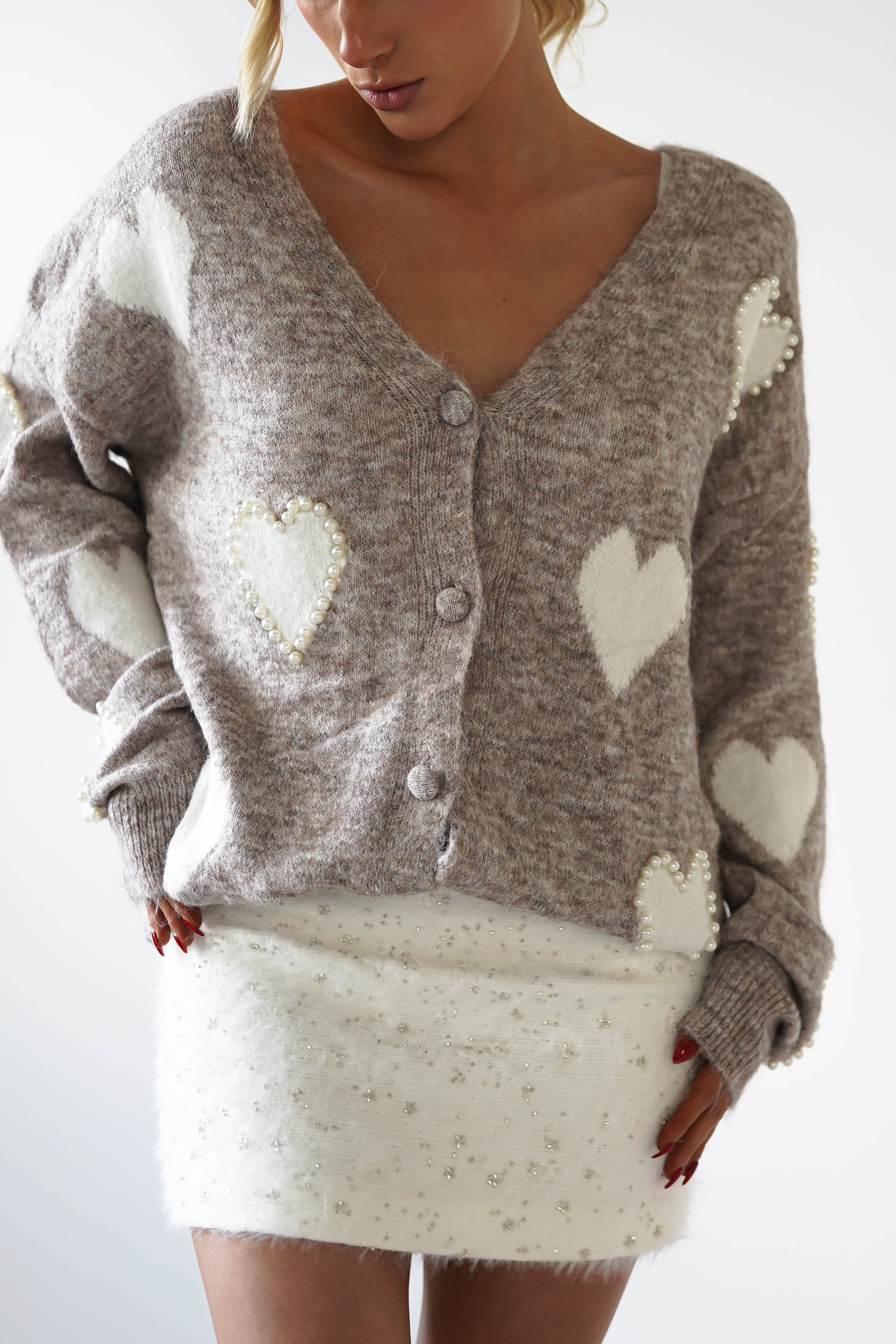 Lilah Pearl Heart Oversized Cardigan | Taupe | Oh Hello Clothing | ONE SIZE (8 - 14)