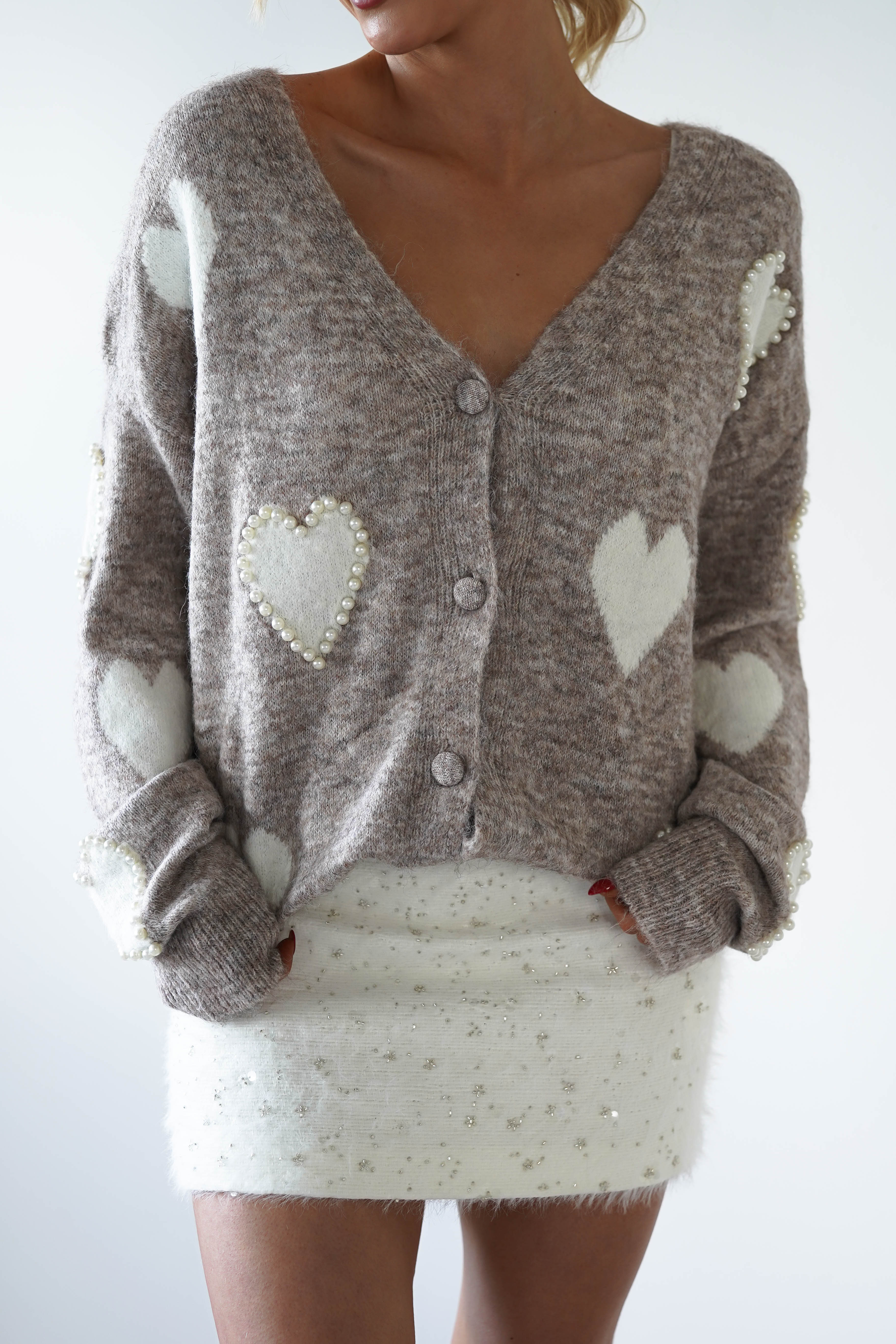 Lilah Pearl Heart Oversized Cardigan | Taupe | Oh Hello Clothing | ONE SIZE (8 - 14)