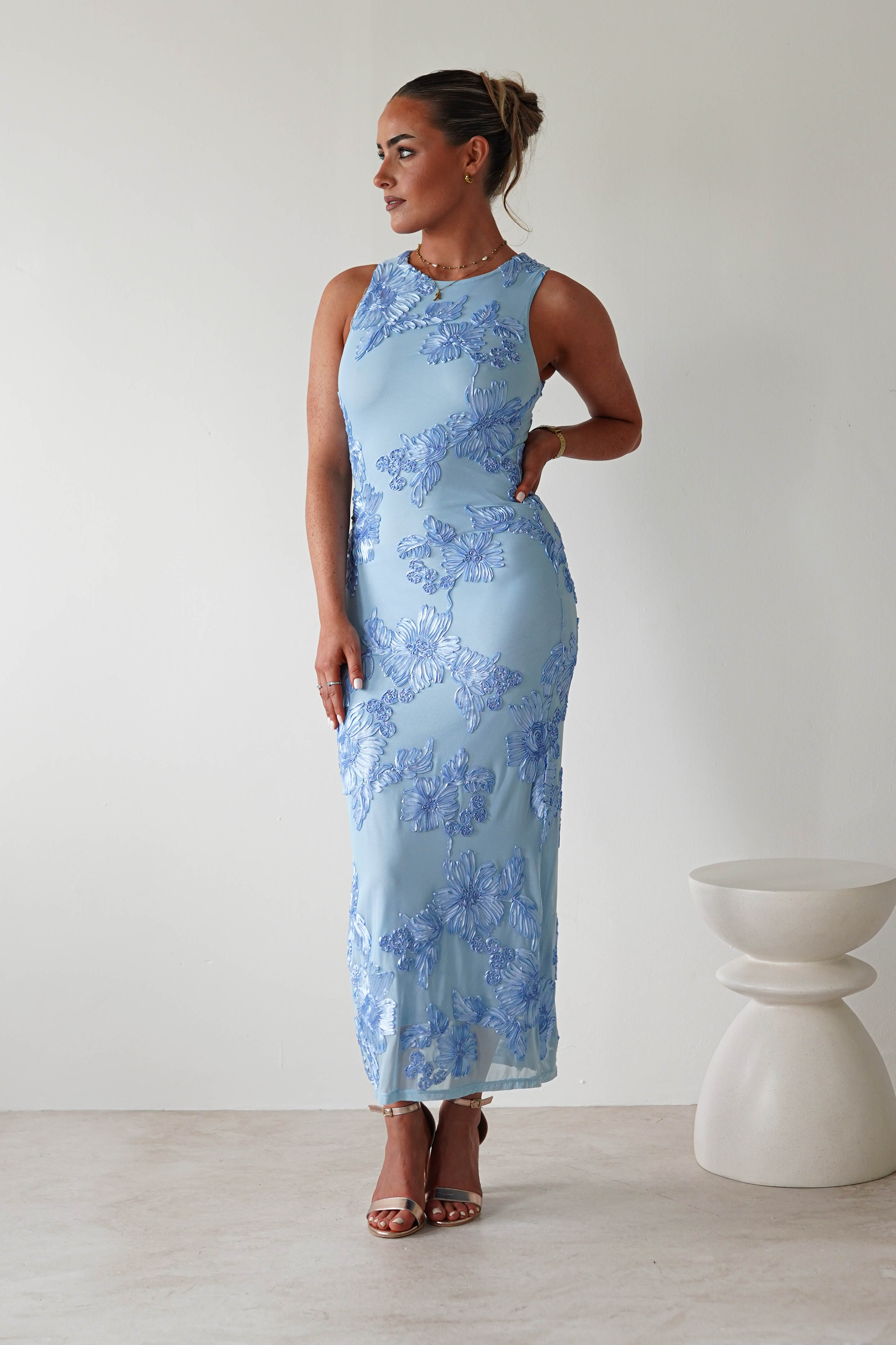 Eliana Bodycon Midi Dress | Blue Textured | Oh Hello Clothing | S (8)