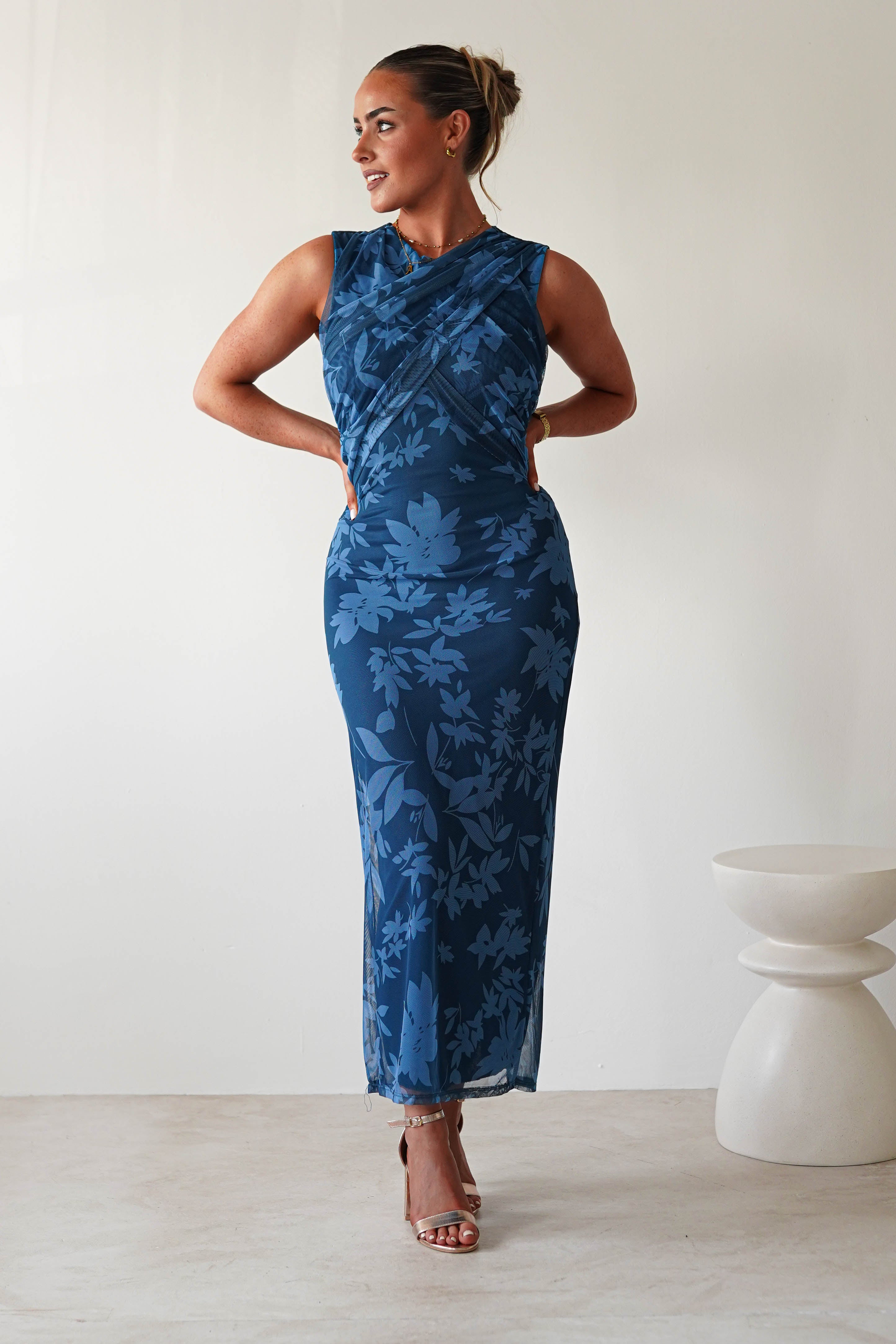 Meadow Floral Mesh Midi Dress | Blue | Oh Hello Clothing | S/M (6 - 8)
