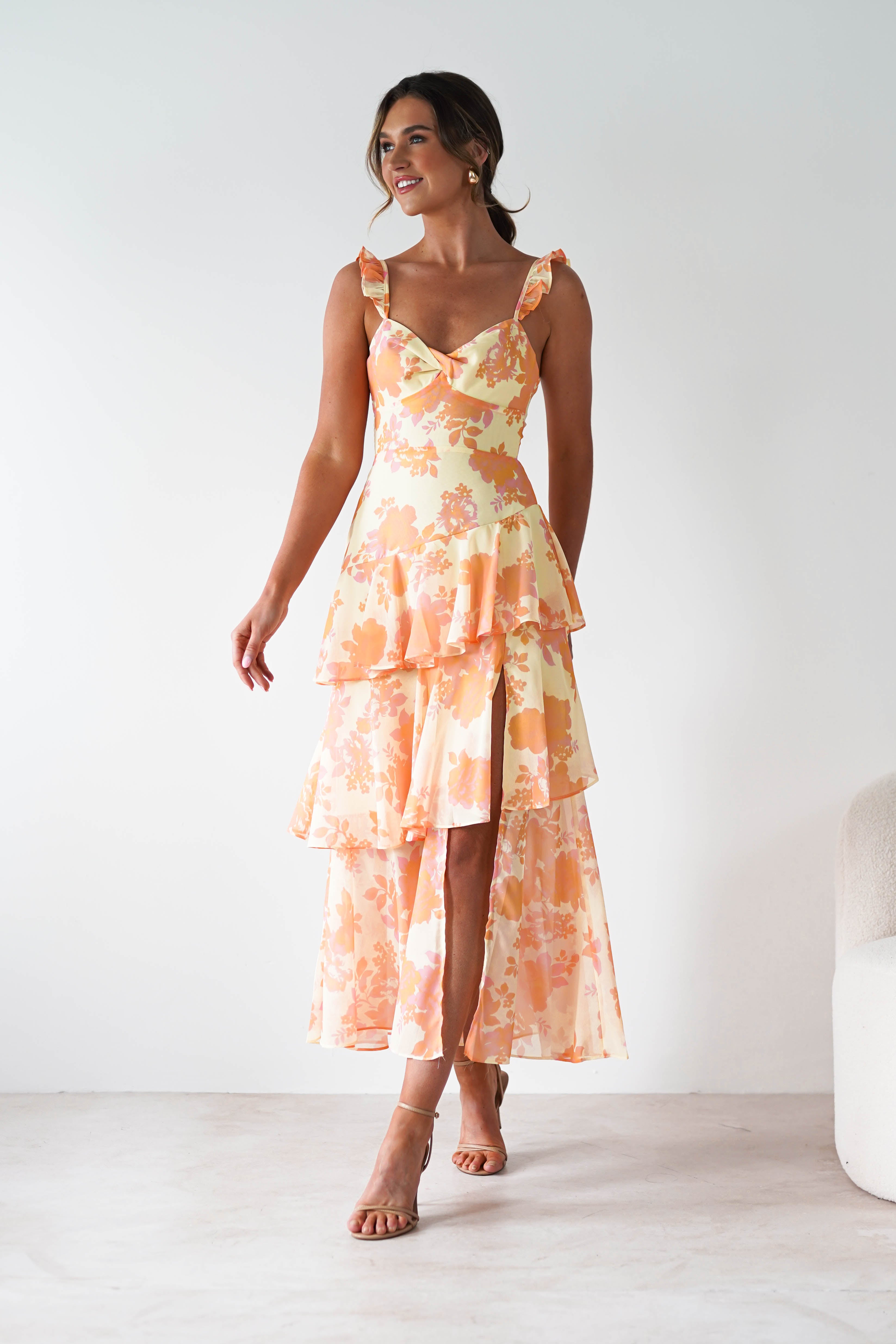 Allie Ruffle Floral Maxi Dress | Yellow/Peach | Oh Hello Clothing | XS (6)