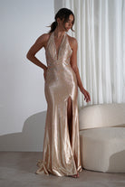 Adeline Rhinestone Halterneck Gown | Gold | Oh Hello Clothing | XS (6)