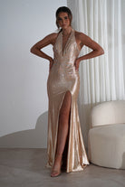 Adeline Rhinestone Halterneck Gown | Gold | Oh Hello Clothing | XS (6)