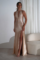 Adeline Rhinestone Halterneck Gown | Gold | Oh Hello Clothing | XS (6)