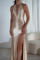 Adeline Rhinestone Halterneck Gown | Gold | Oh Hello Clothing | XS (6)
