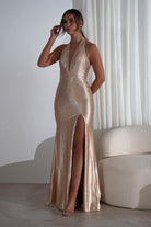 Adeline Rhinestone Halterneck Gown | Gold | Oh Hello Clothing | XS (6)