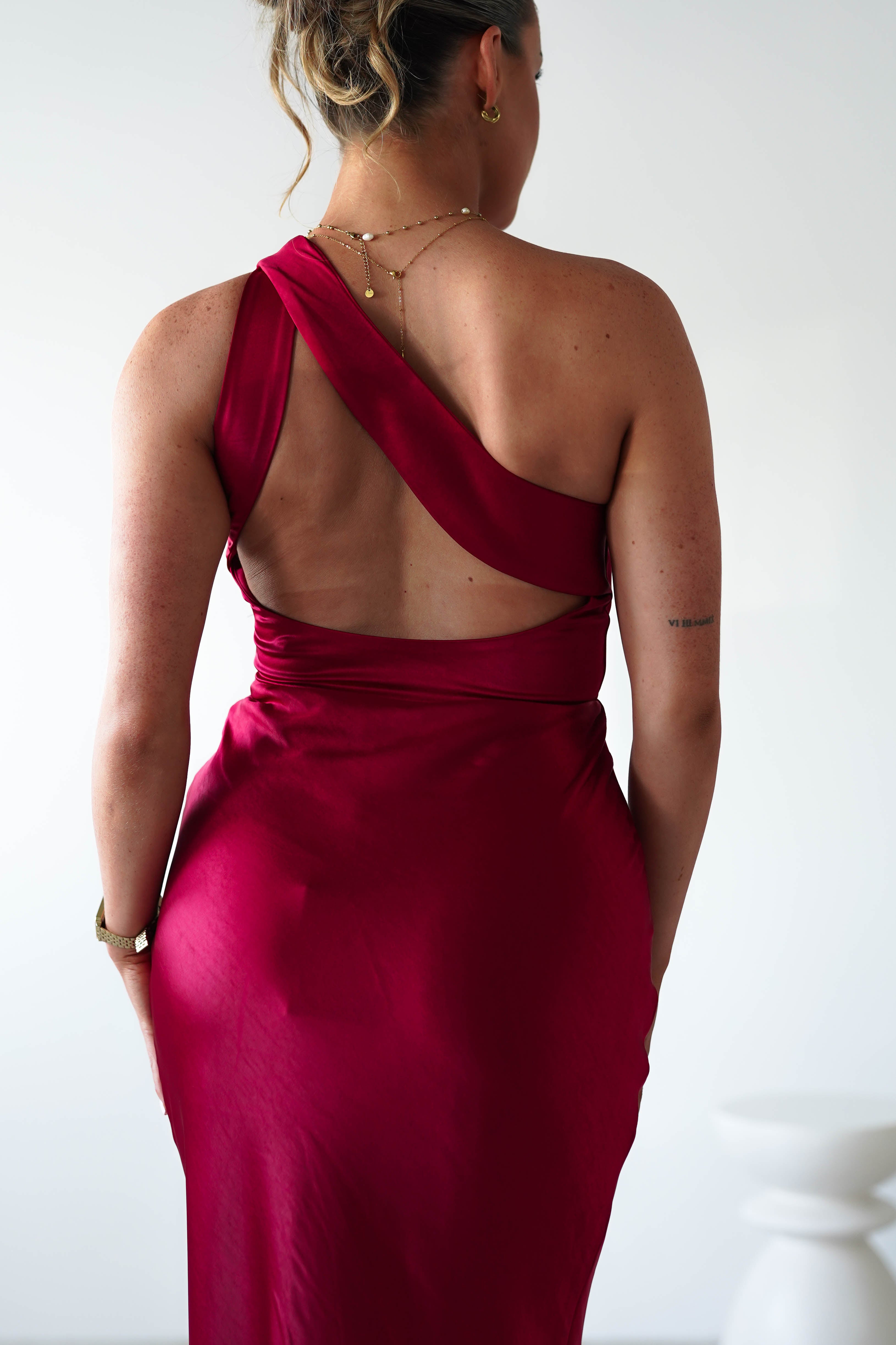 Ashlee Soft Satin One Shoulder Maxi Dress | Red | Oh Hello Clothing | XS (6)