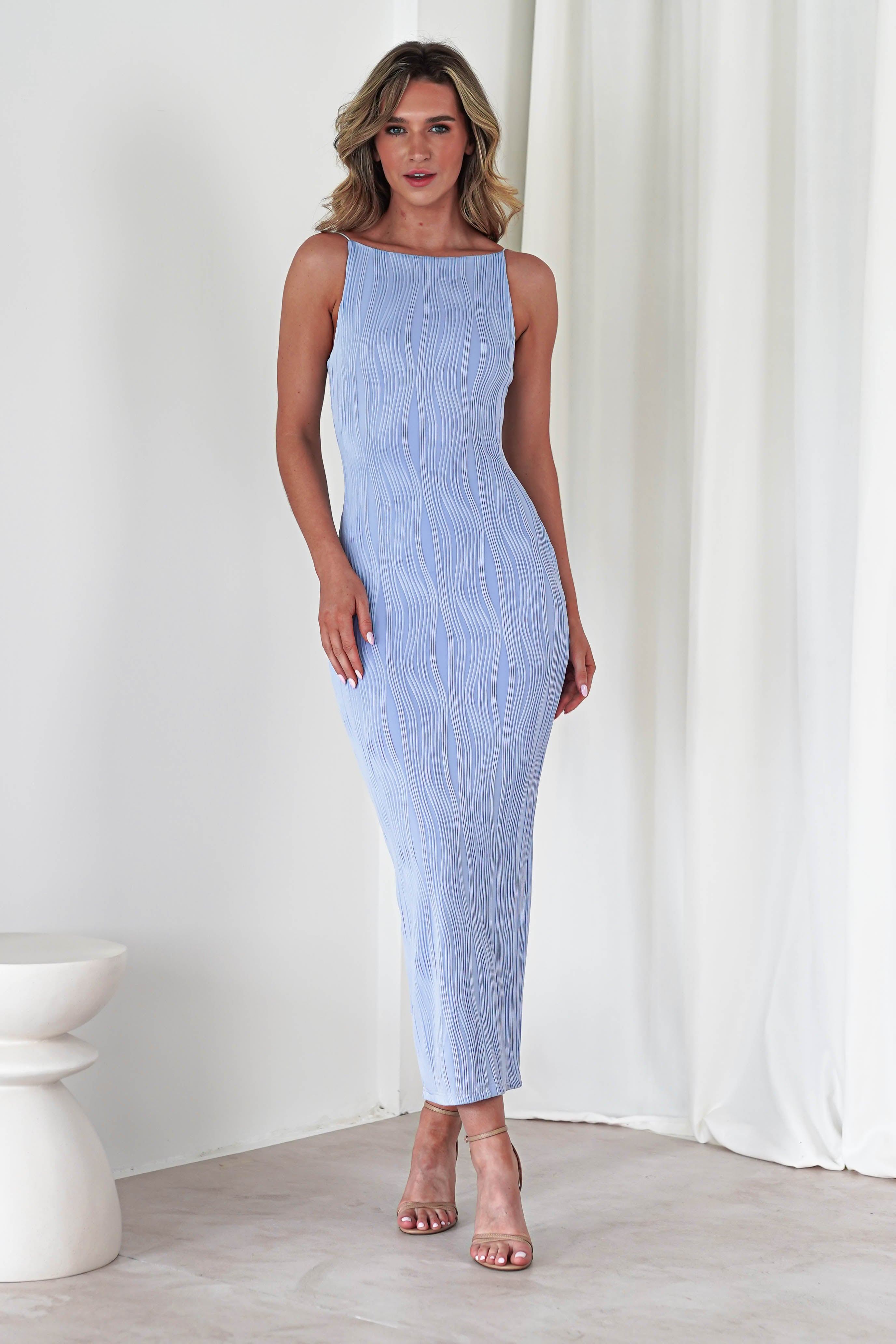 Brighton Textured Bodycon Midaxi Dress | Blue | Oh Hello Clothing | XS (6)