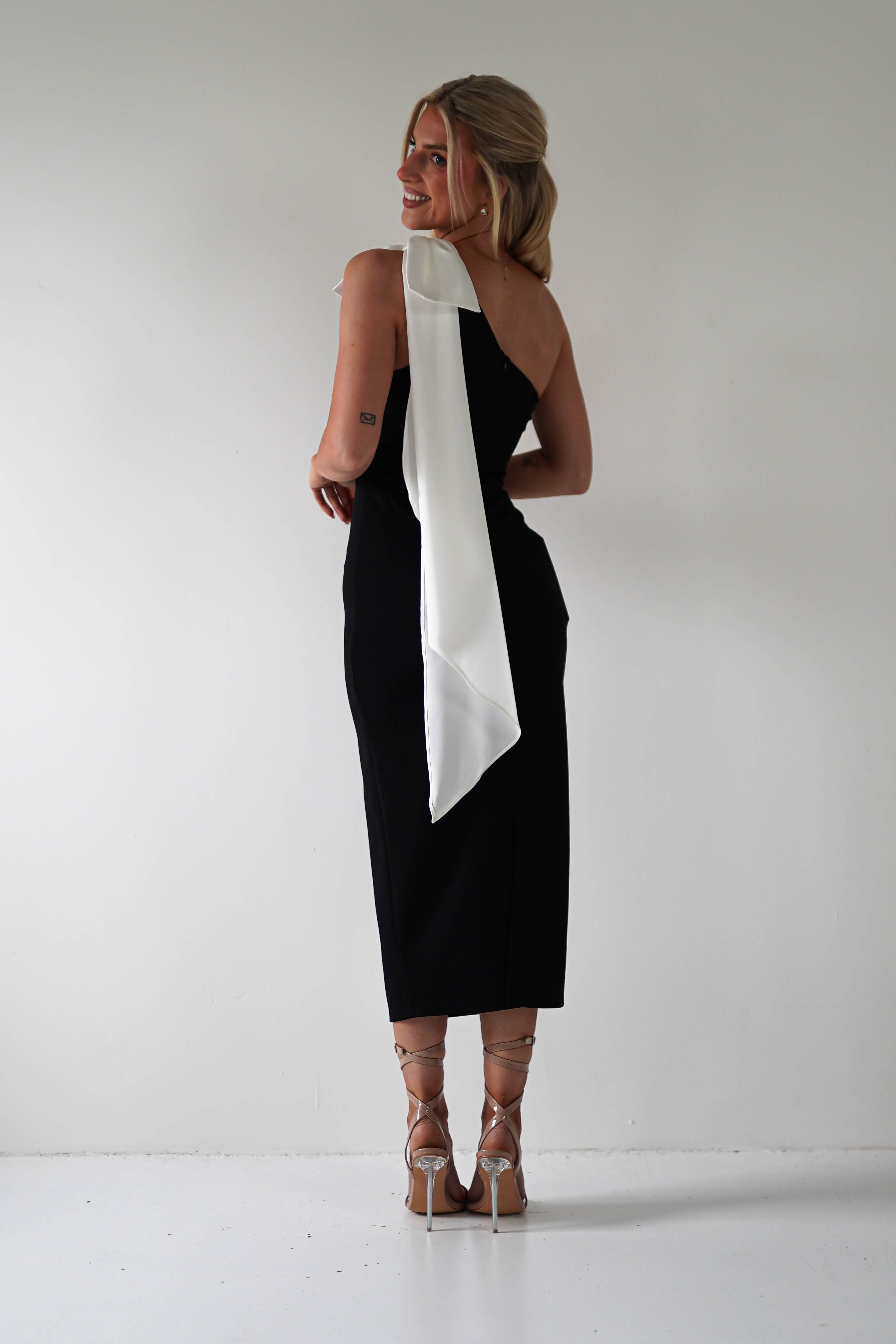 Camella Bodycon Bow Detail Midi Dress | Black | Oh Hello Clothing | XS (6)