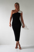 Camella Bodycon Bow Detail Midi Dress | Black | Oh Hello Clothing | XS (6)