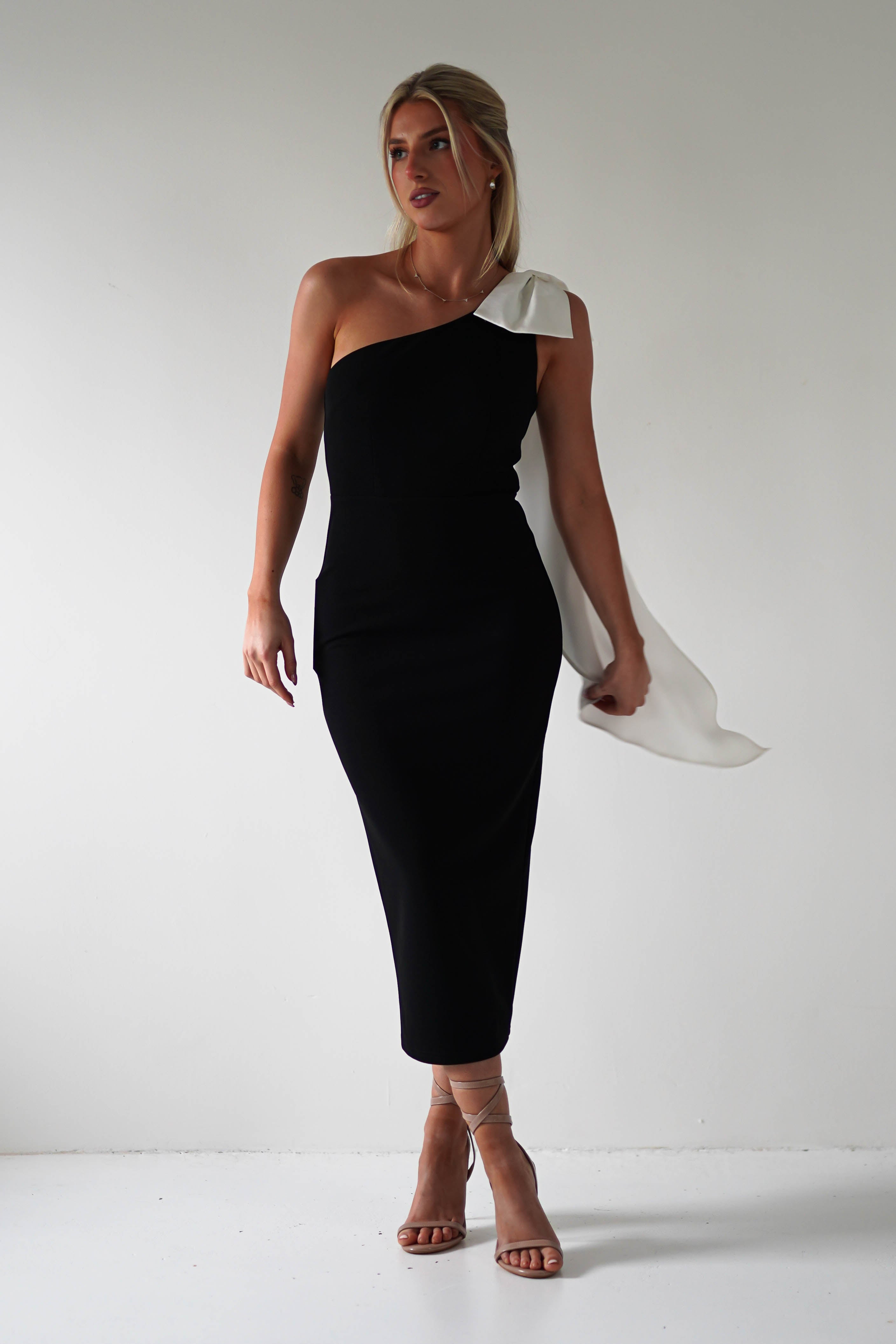 Camella Bodycon Bow Detail Midi Dress | Black | Oh Hello Clothing | XS (6)