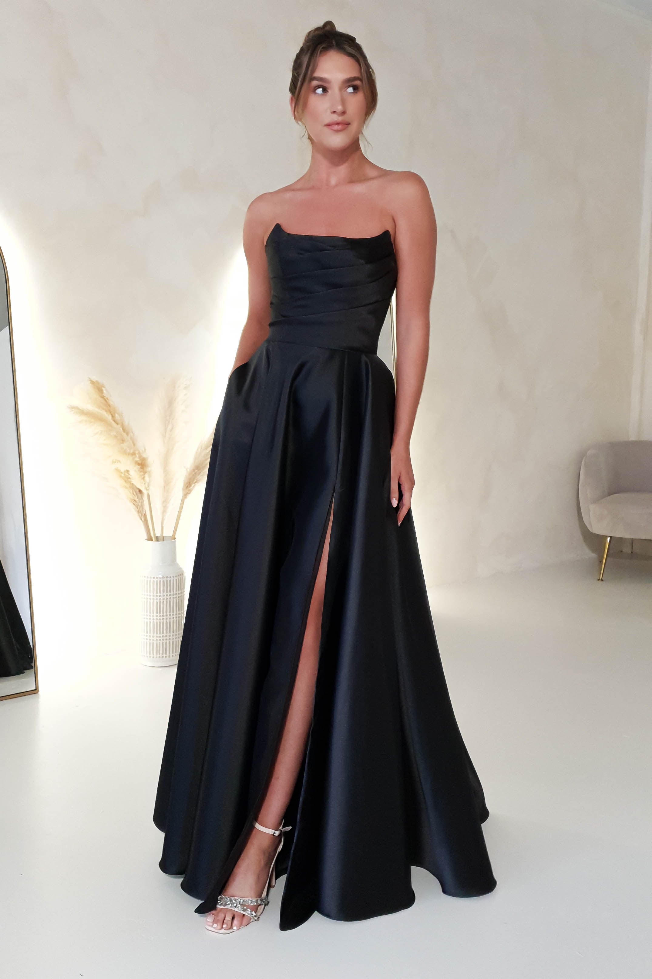 Miya Corset A - Line Satin Gown | Black | Oh Hello Clothing | XS (6)