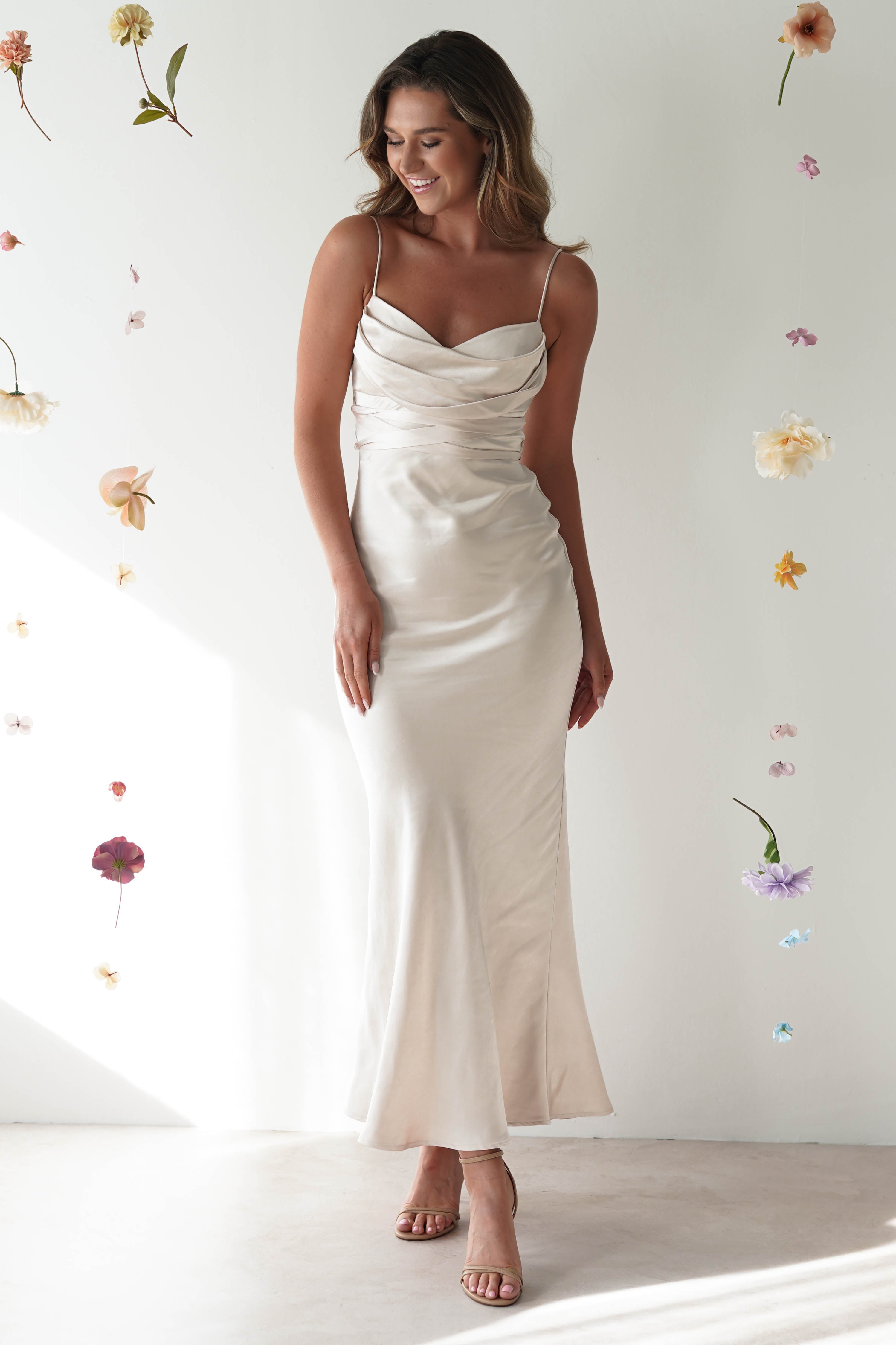 Everleigh Soft Satin Midi Dress | Champagne - Oh Hello Clothing
