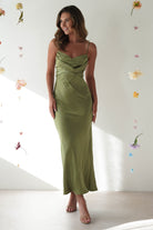 Everleigh Soft Satin Midi Dress | Olive - Oh Hello Clothing