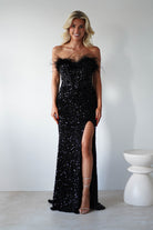 Lydia Sequin Feather Strapless Gown | Black | Oh Hello Clothing | S (8)