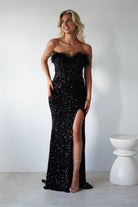 Lydia Sequin Feather Strapless Gown | Black | Oh Hello Clothing | S (8)