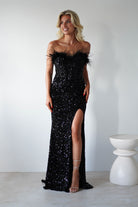 Lydia Sequin Feather Strapless Gown | Black | Oh Hello Clothing | S (8)