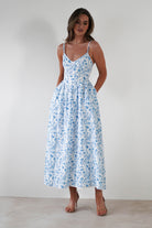 Carolyn Floral Print Maxi Dress | Blue/White | Oh Hello Clothing | XS (6)