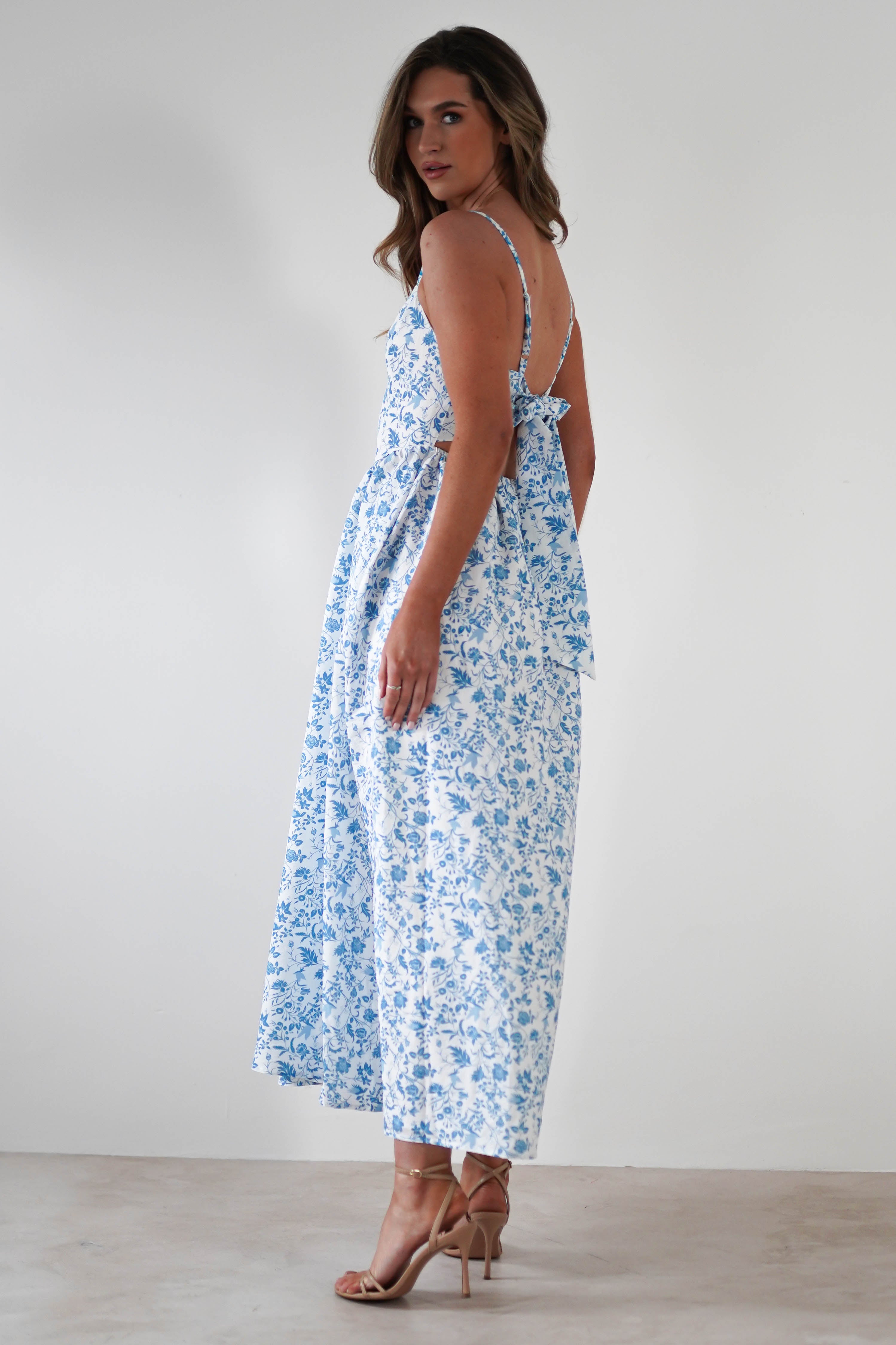 Carolyn Floral Print Maxi Dress | Blue/White | Oh Hello Clothing | XS (6)