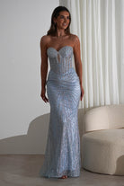Elyse Glitter Strapless Gown | Light Blue/Silver | Oh Hello Clothing | XS (6)