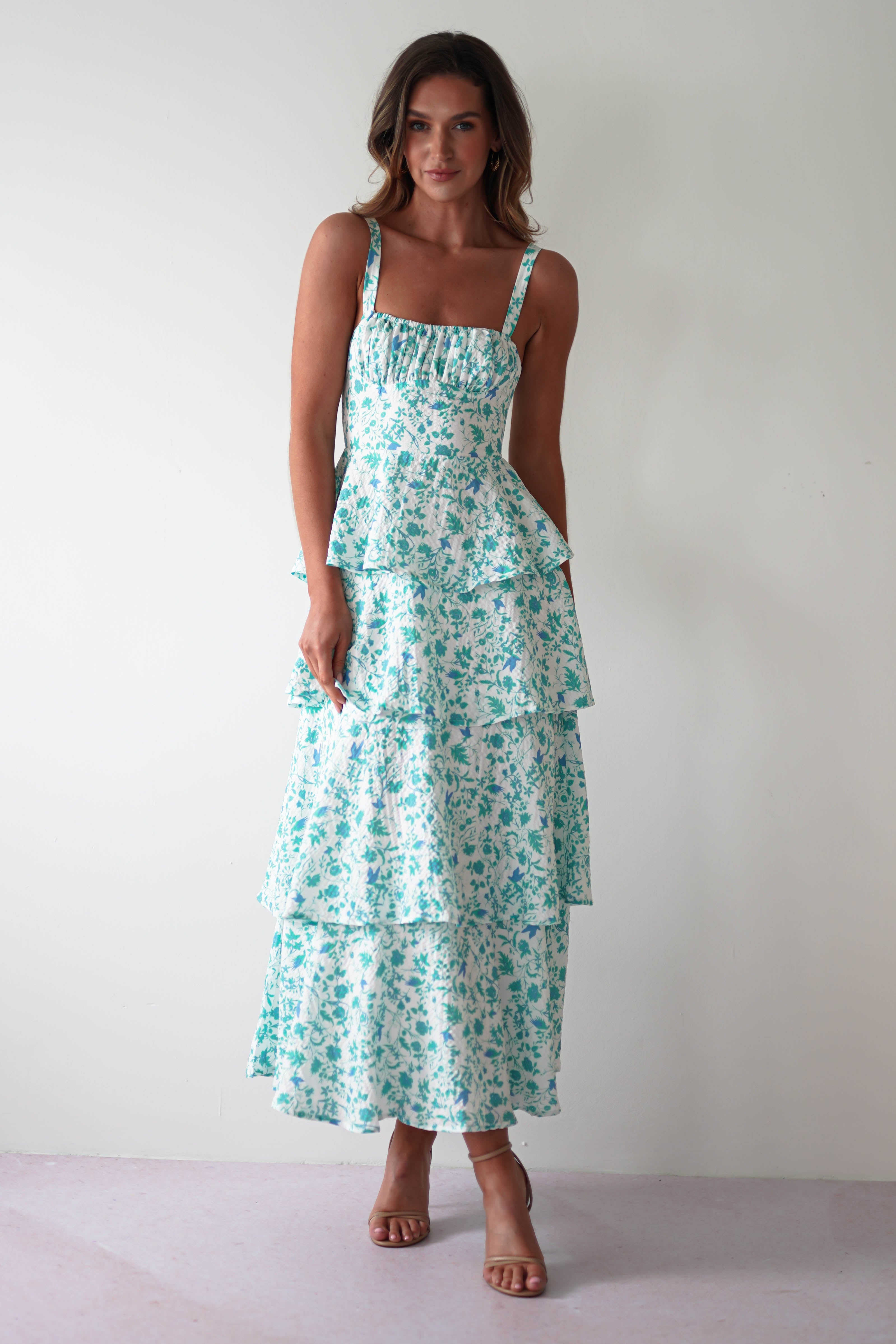 Emily Floral Ruffle Maxi Dress | Green/White - Oh Hello Clothing