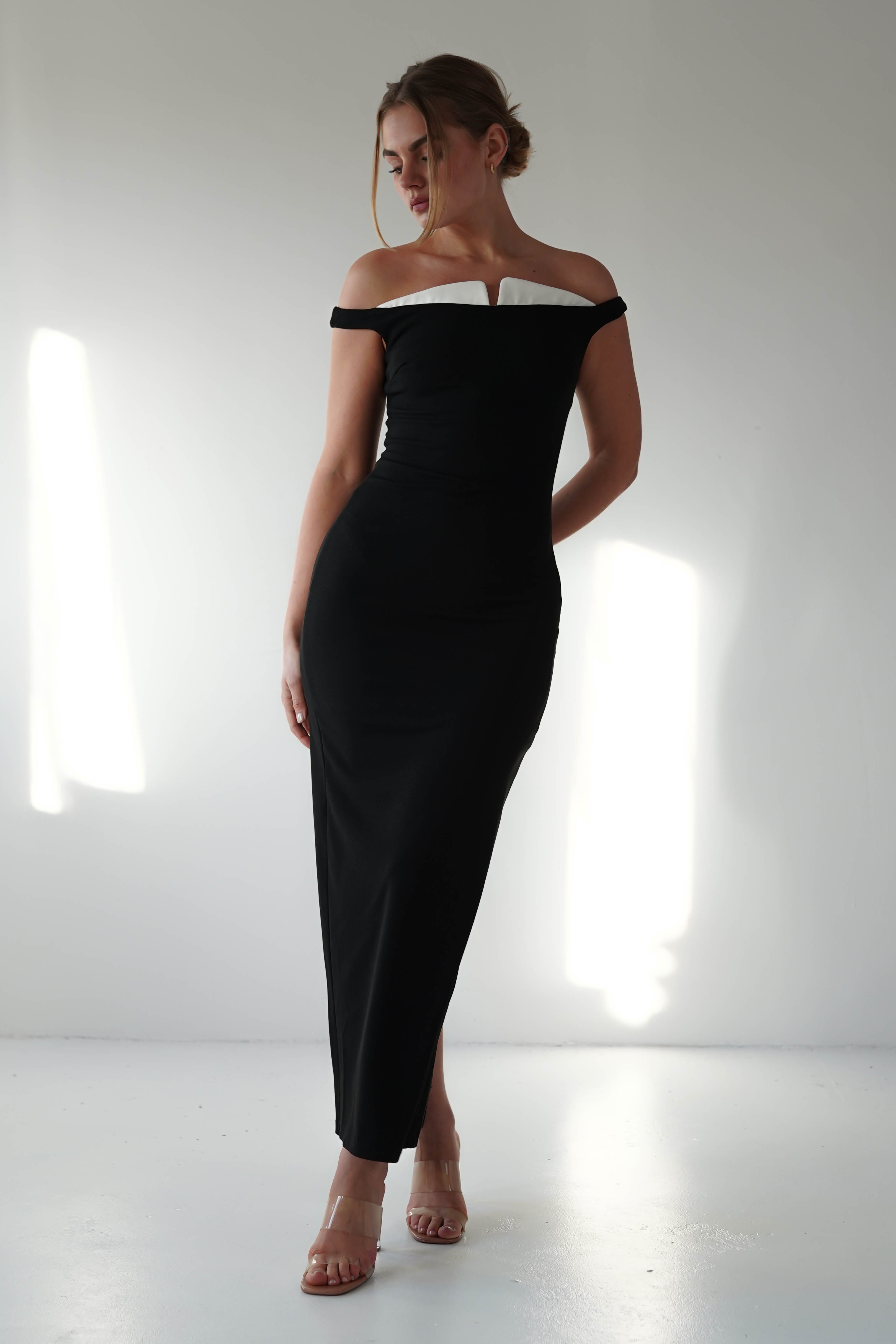 Glenda Contrast Bodycon Midaxi | Black | Oh Hello Clothing | XS (6)