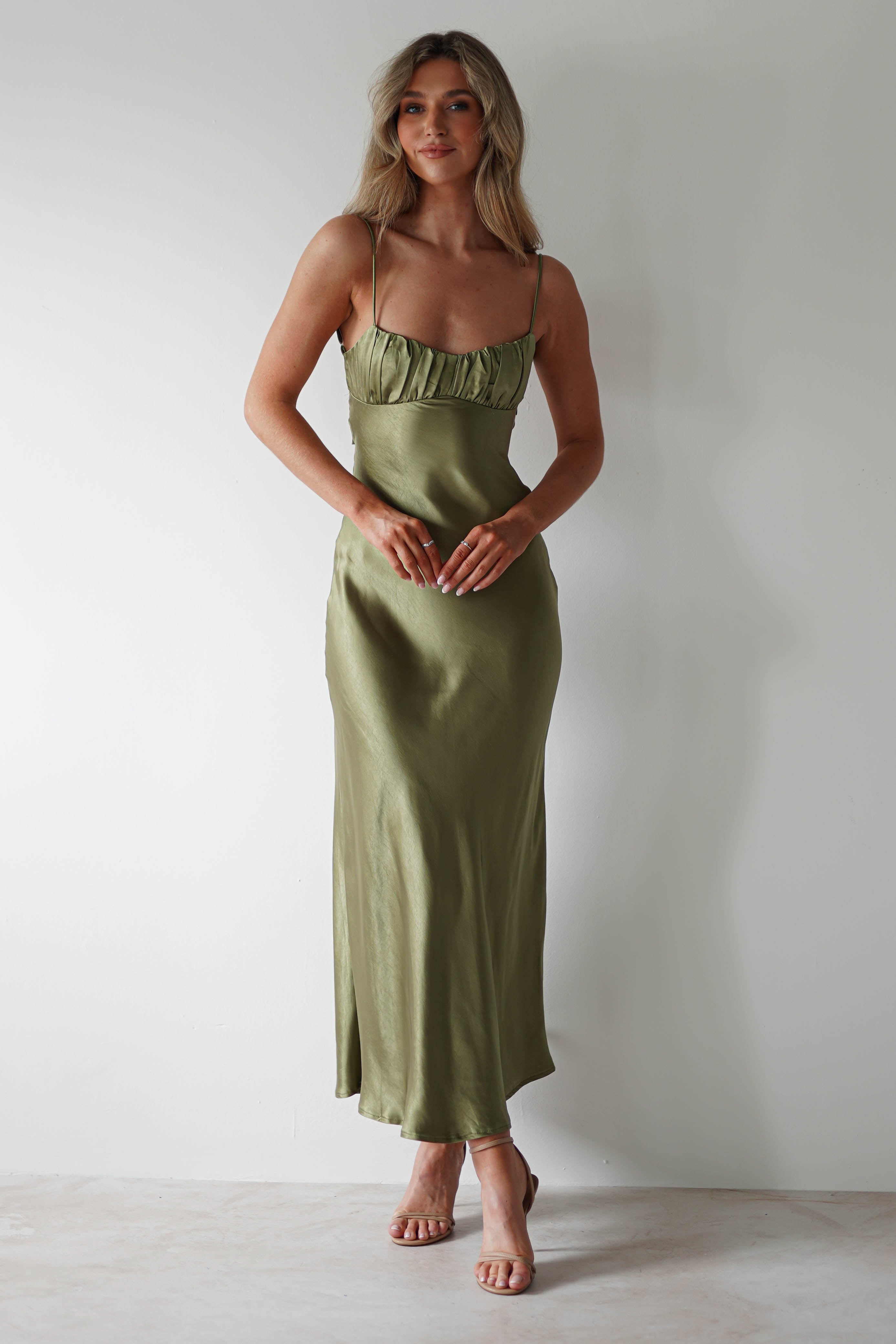 Grace Soft Satin Maxi Dress | Olive | Oh Hello Clothing | XS (6)
