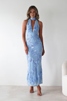 Halsey Tie Back Maxi Dress | Blue Textured | Oh Hello Clothing | XS (6)